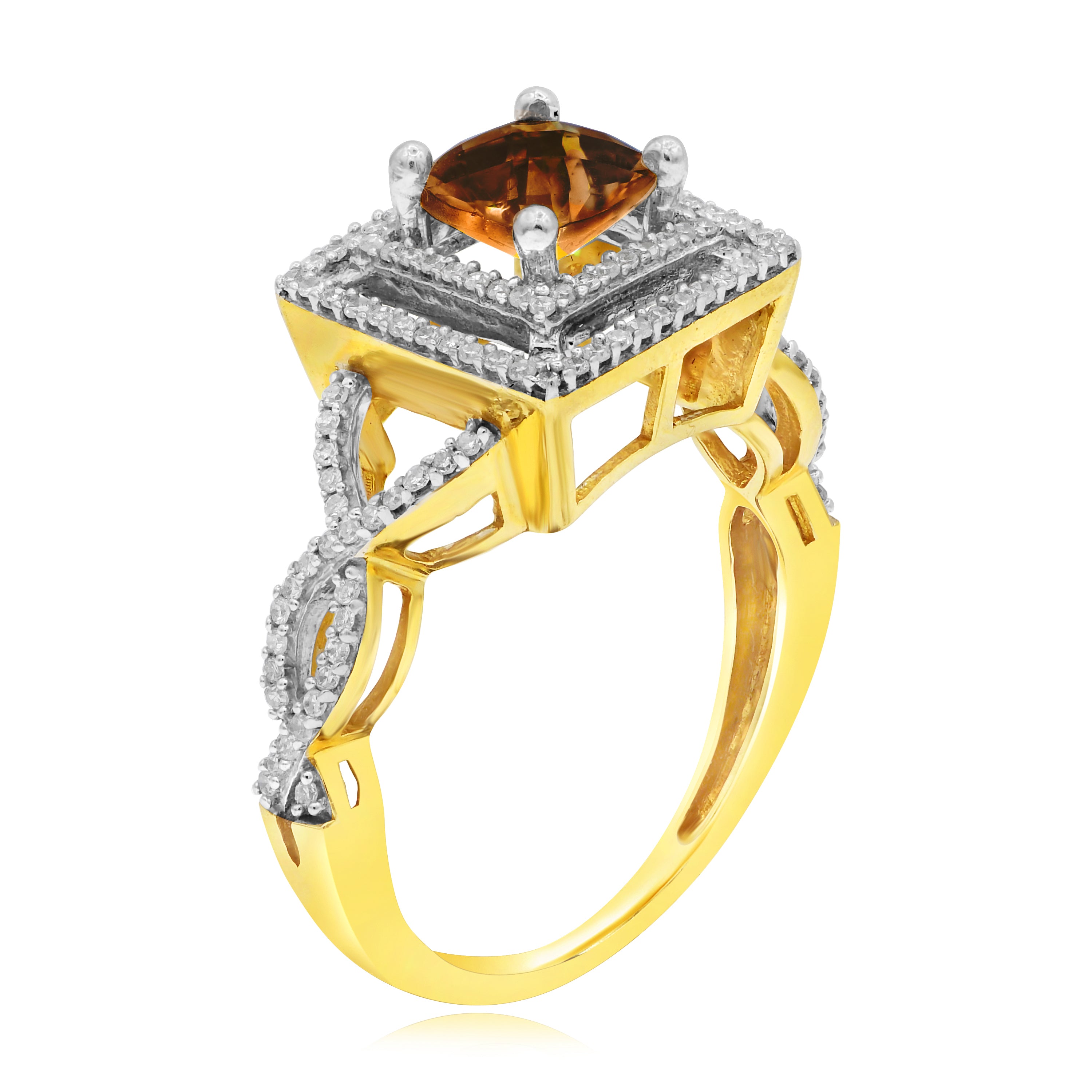 1.16 ct. Brown Quartz & Diamond Square Halo 14K Yellow Gold Ring