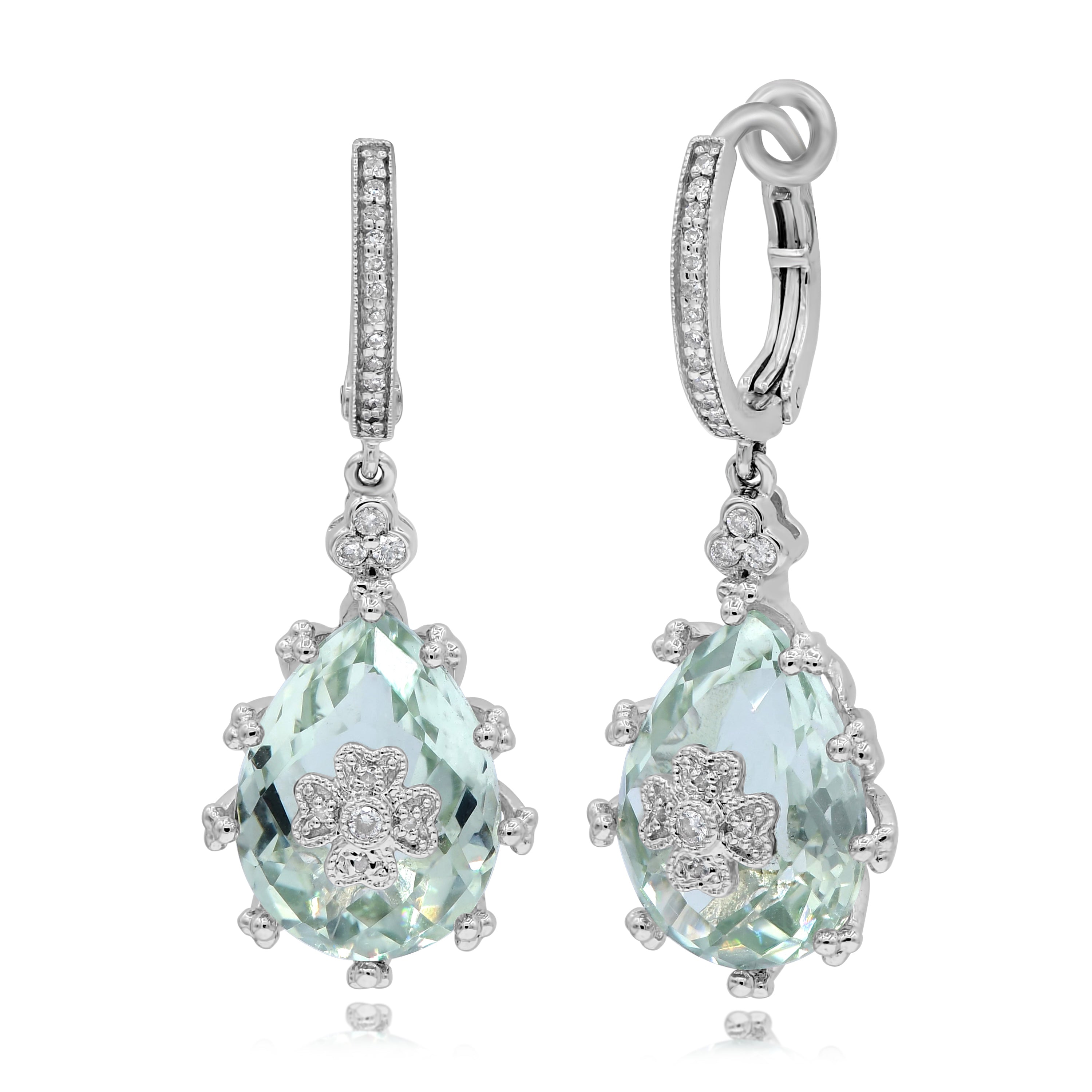 10.57 ct. Green Amethyst & 0.14 ct. Diamond 14K White Gold Drop Earrings