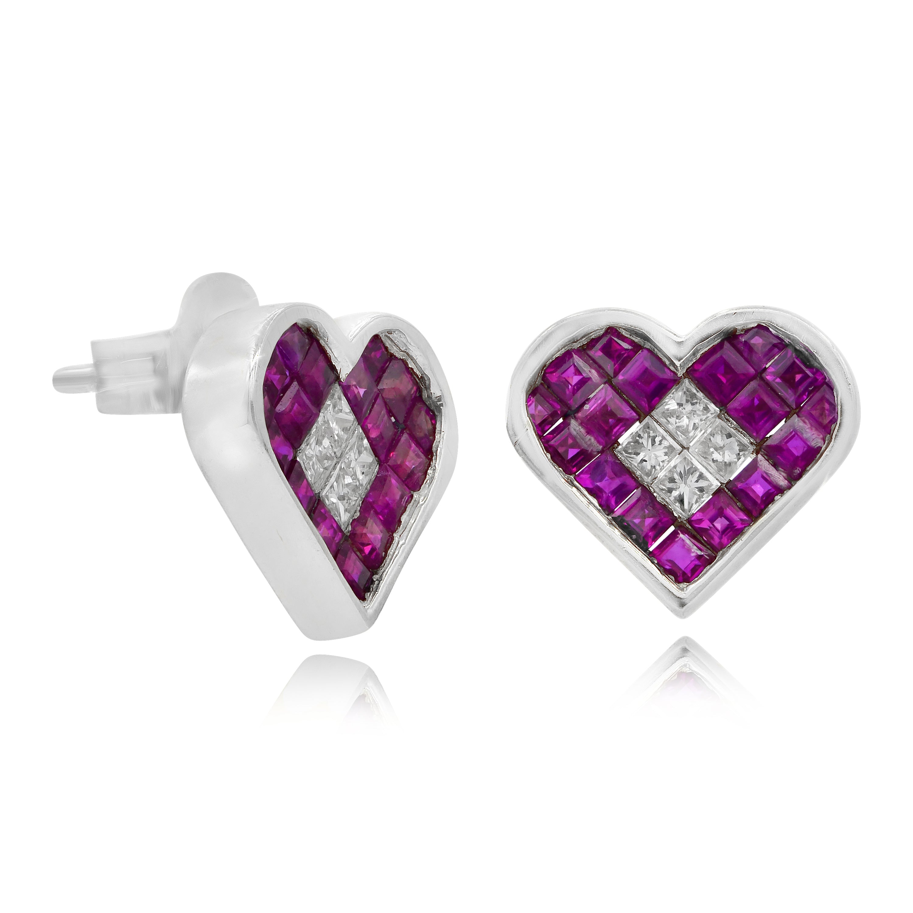 1.05 ct. Ruby & 0.19 ct. Diamond 14K White Gold Heart Stud Earrings