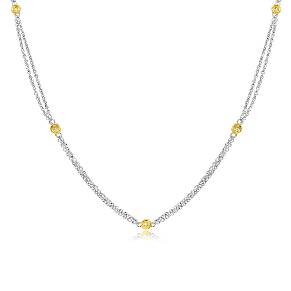 0.06 ct. Diamond 14K Two Tone Gold Stone Station Double Chain Necklace