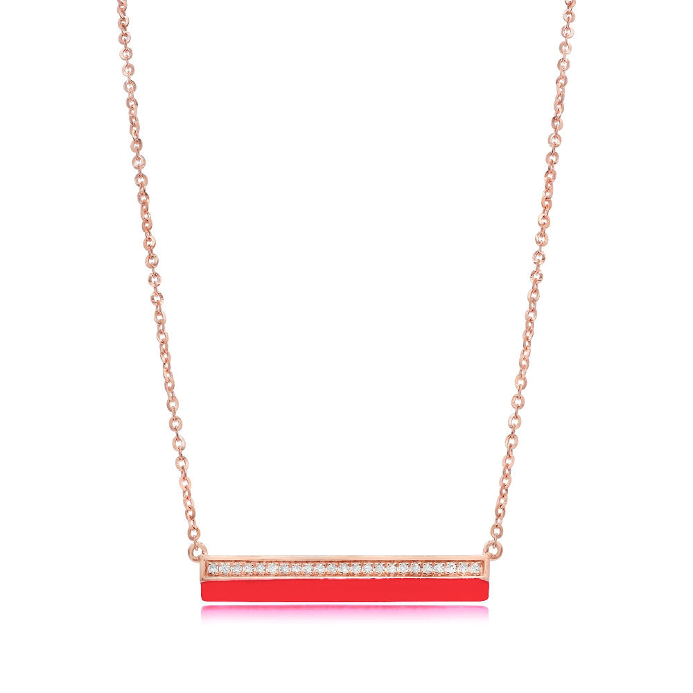 0.09 ct. Diamond 14K Rose Gold Red Enamel Bar Necklace 18"