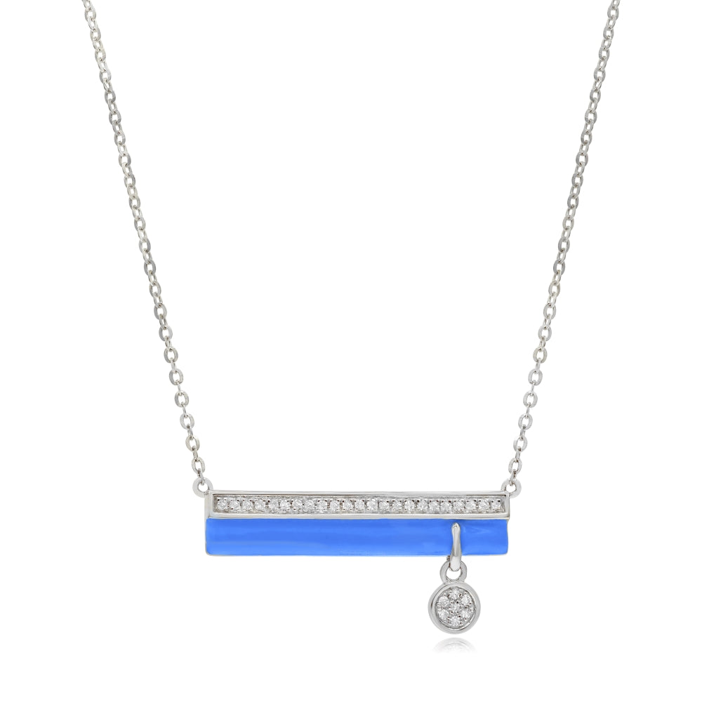 0.13 ct. Diamond 14K White Gold Blue Enamel Double Bar Pendant Necklace 18"