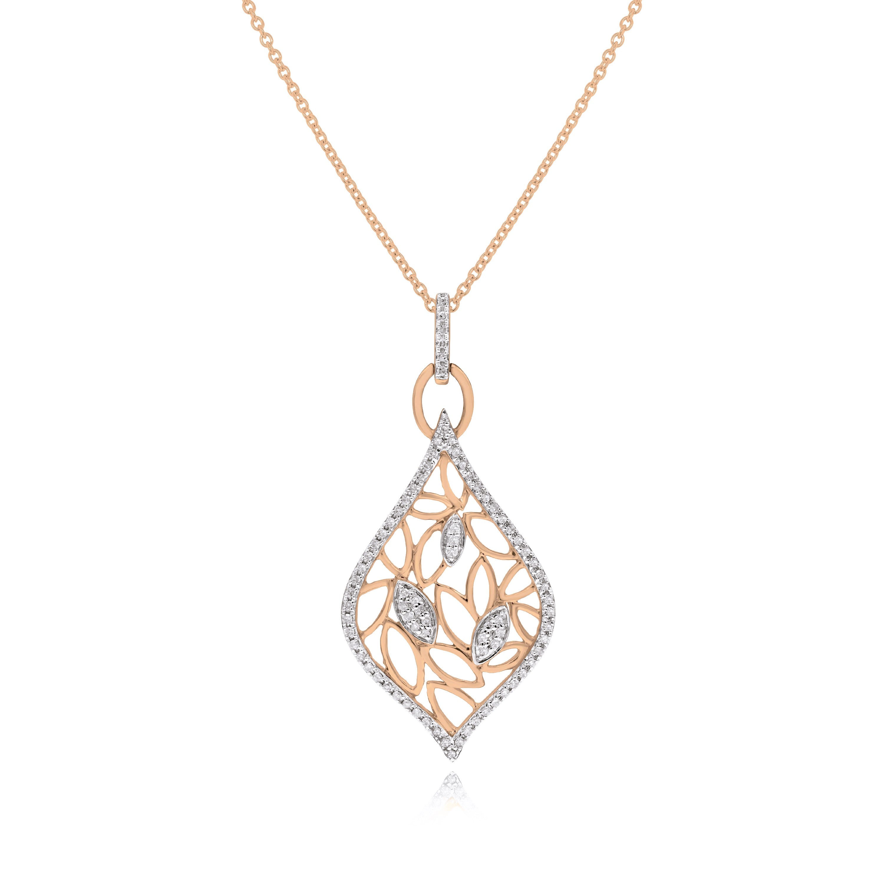 0.34 ct. Diamond 14K Rose Gold Multi Leaf Teardrop Fligree Drop Pendant