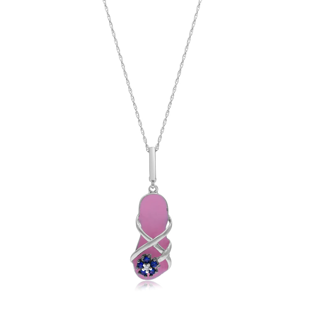 0.09 ct. Sapphire & 0.01 ct. Diamond 14K White Gold Pink Enamel Flip-Flop Pendant With 18" Chain