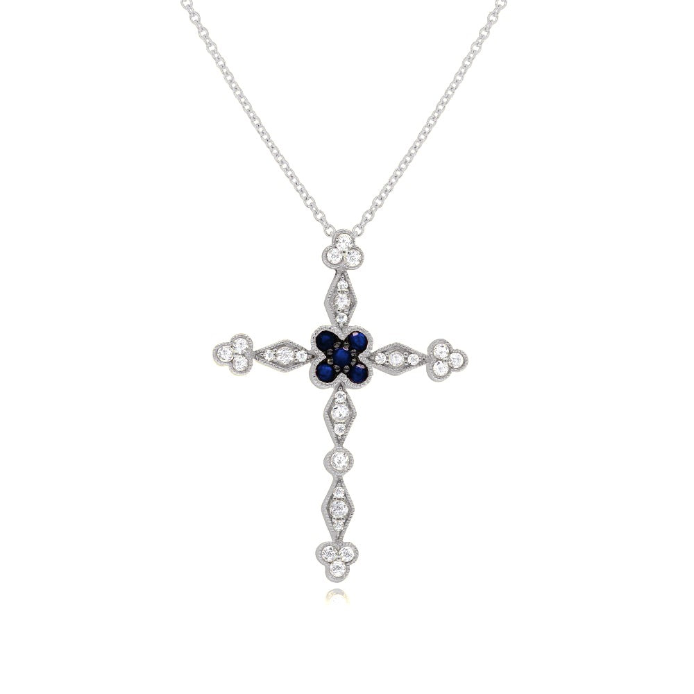 0.2 ct. Sapphire & 0.26 ct. Diamond 14K White Gold Cross Pendant