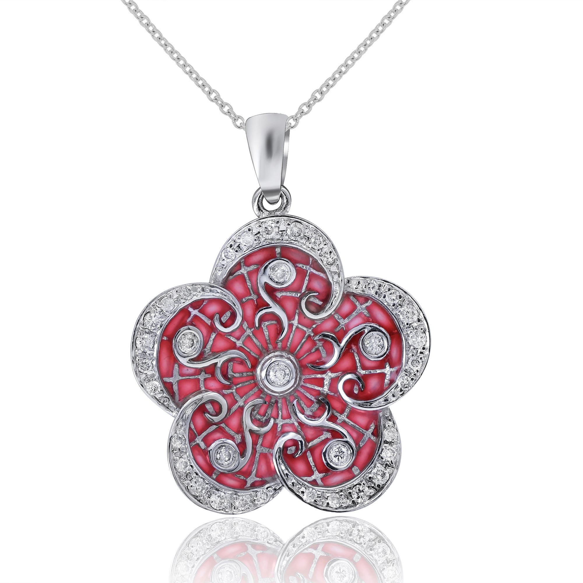 0.27 ct. Diamond 14K White Gold Red Enamel Brilliant Flower Pendant