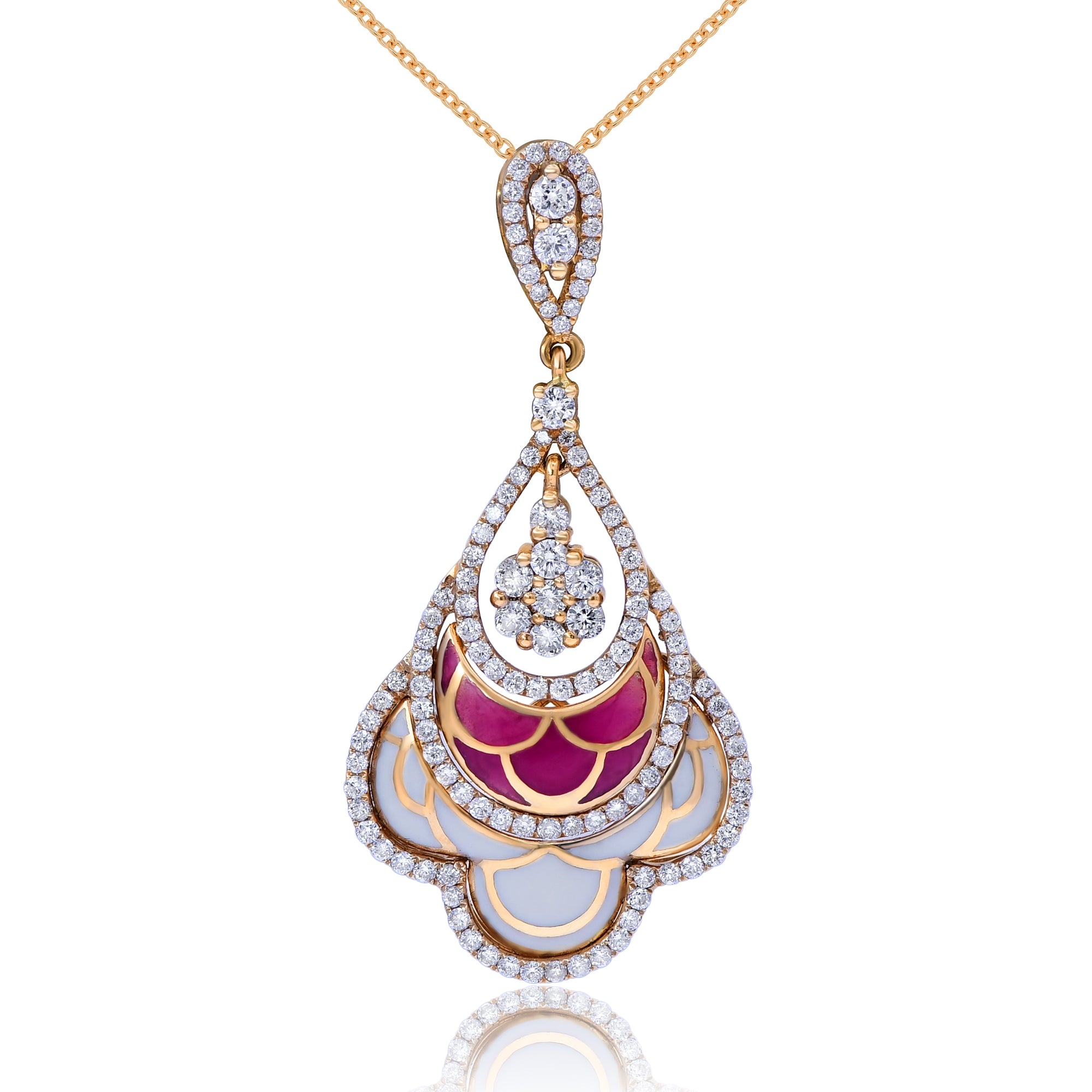 0.8 ct. Diamond 18K Rose Gold Red & While Enamel Lotus Drop Pendant