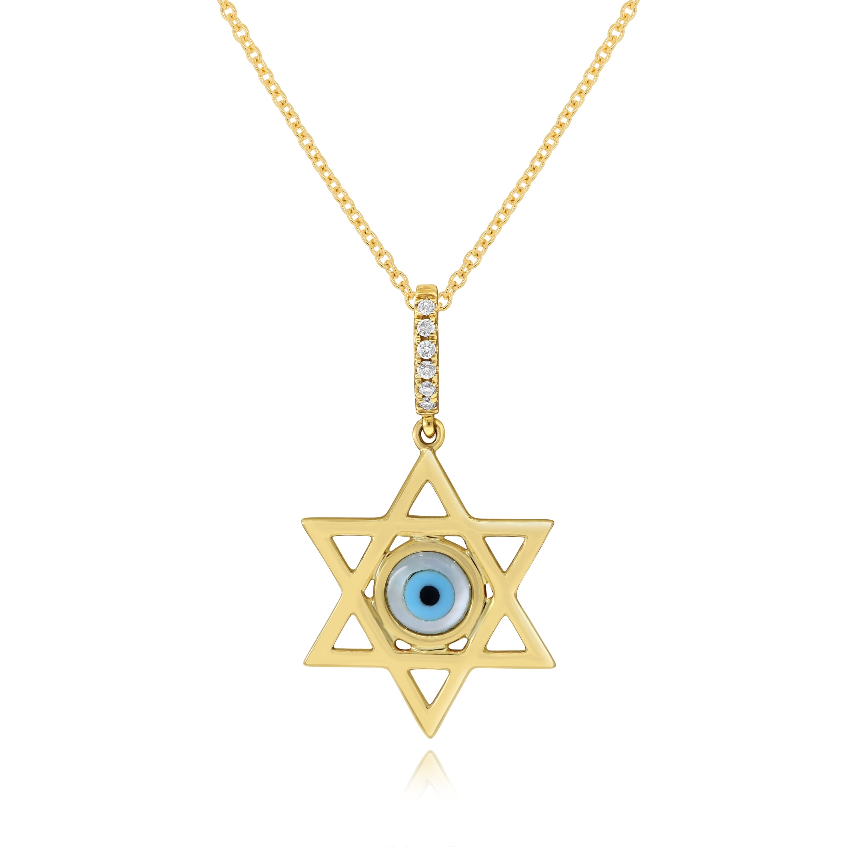 0.21 ct. Mother of Peral & 0.02 ct. Diamond 14K Yellow Gold Star of David Evil Eye Pendant