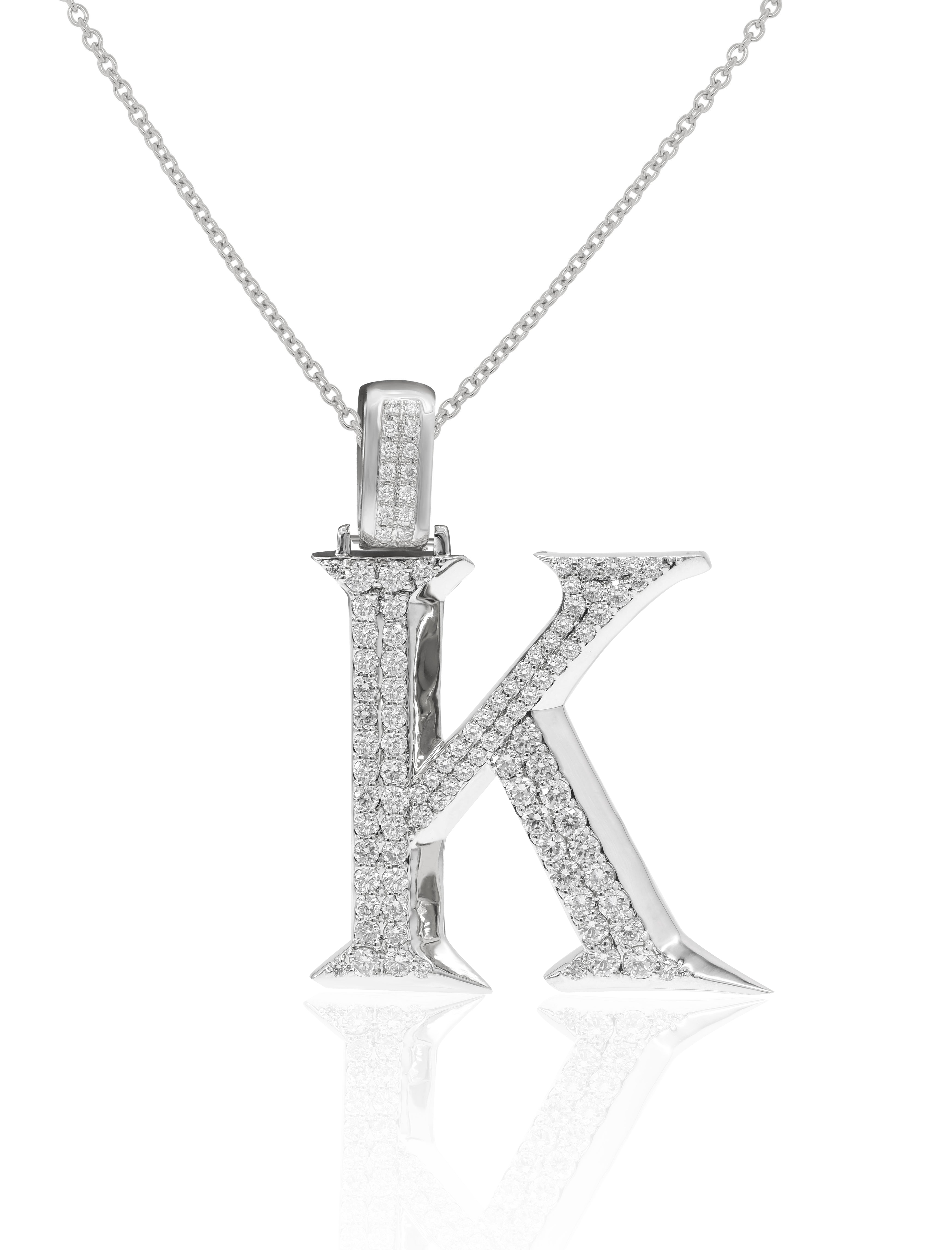 0.73 ct. Diamond 14K White Gold 'K' 3D Initial Pendant