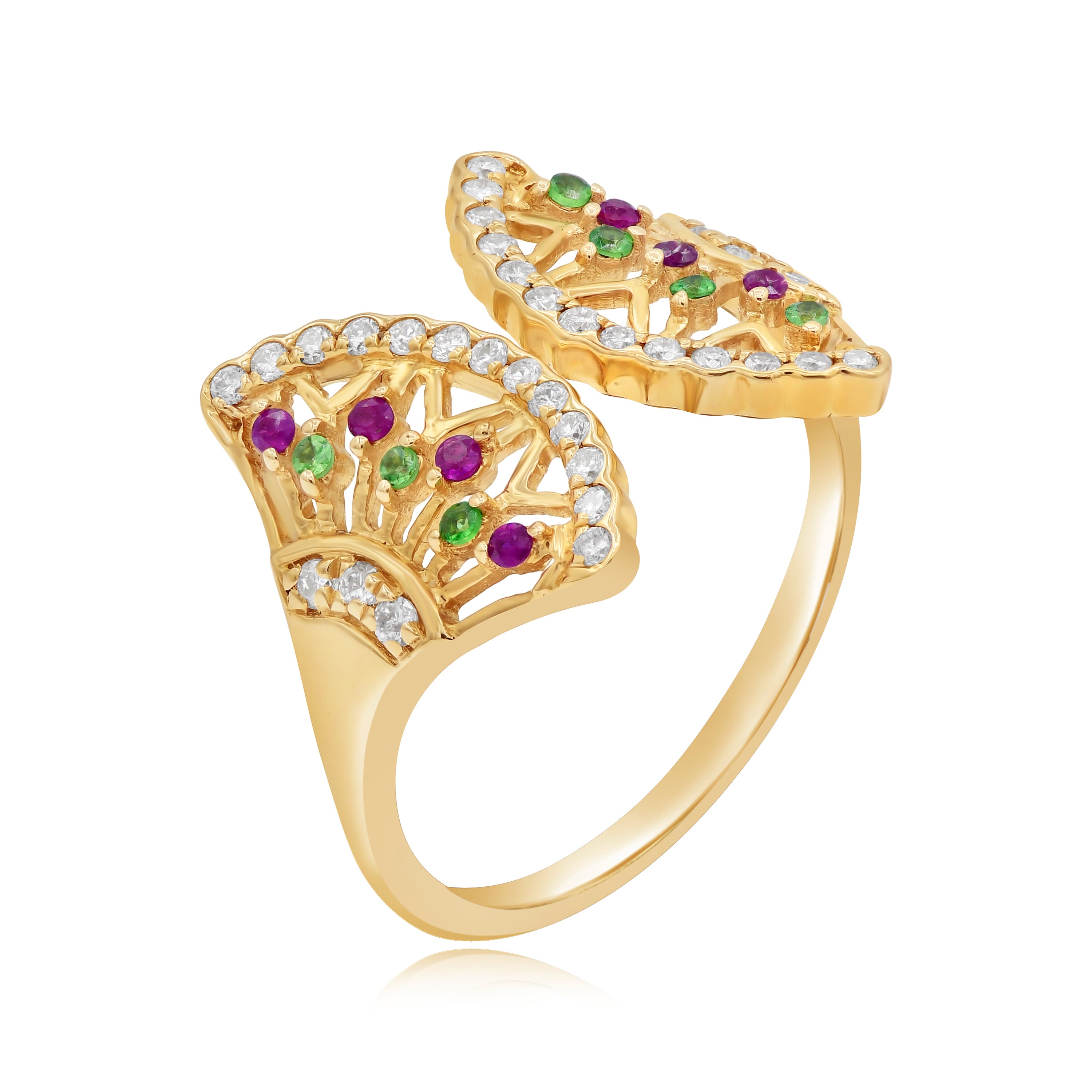 0.07 ct. Ruby, 0.07 ct. Tsavorite & 0.24 ct. Diamond 14K Rose Gold Fan Shape Open Cuff Ring