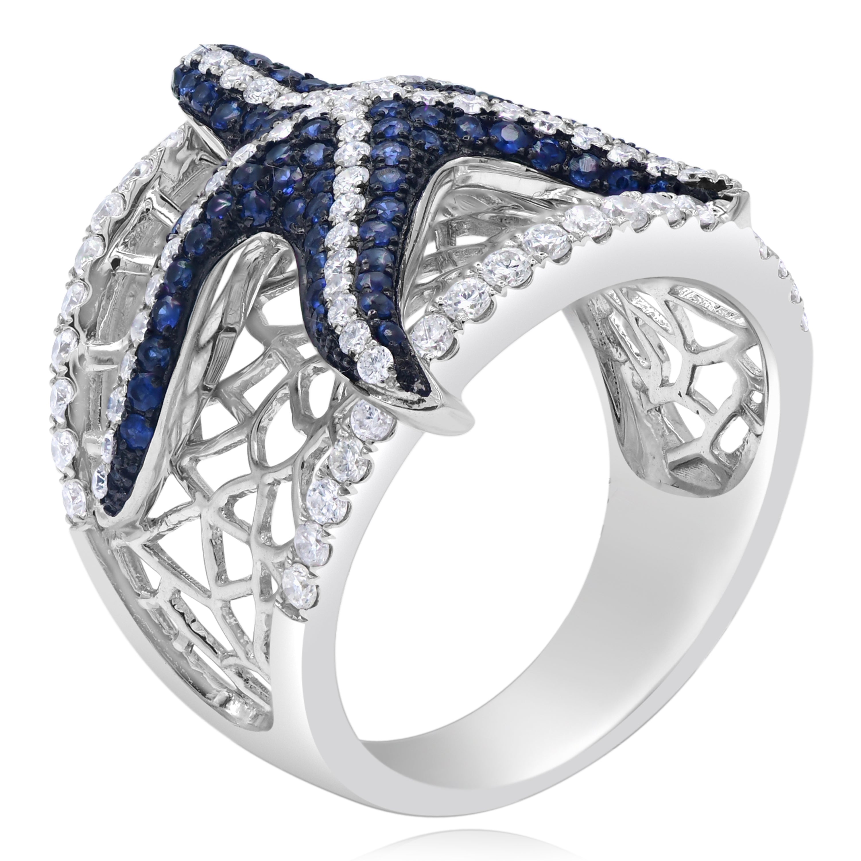 0.7 ct. Sapphire & 0.89 ct. Diamond 14K White Gold Starfish Wide Mesh Ring