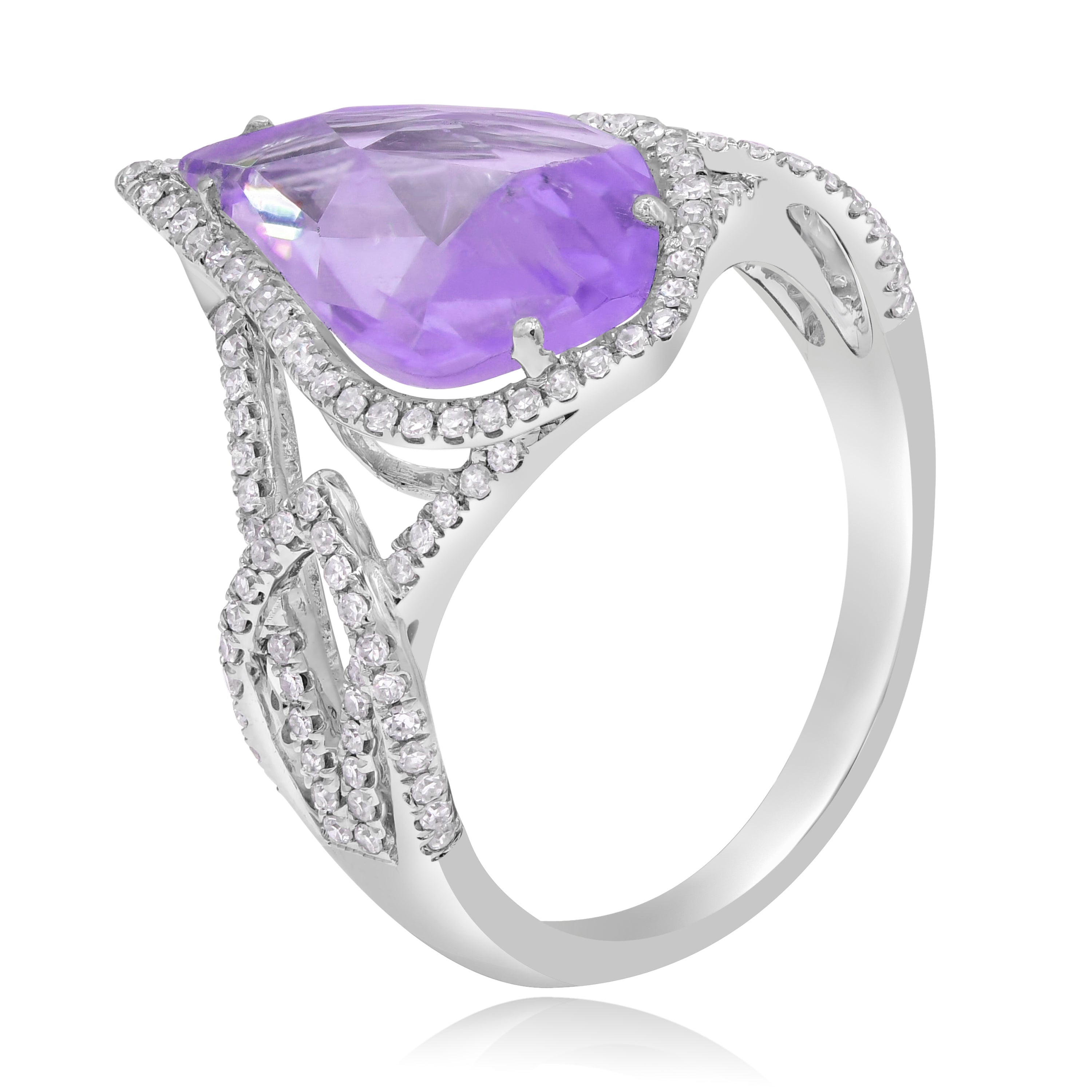 2.65 ct. Amethyst & 0.4 ct. Diamond 14K White Gold Teardrop Twisted Split Shank Ring