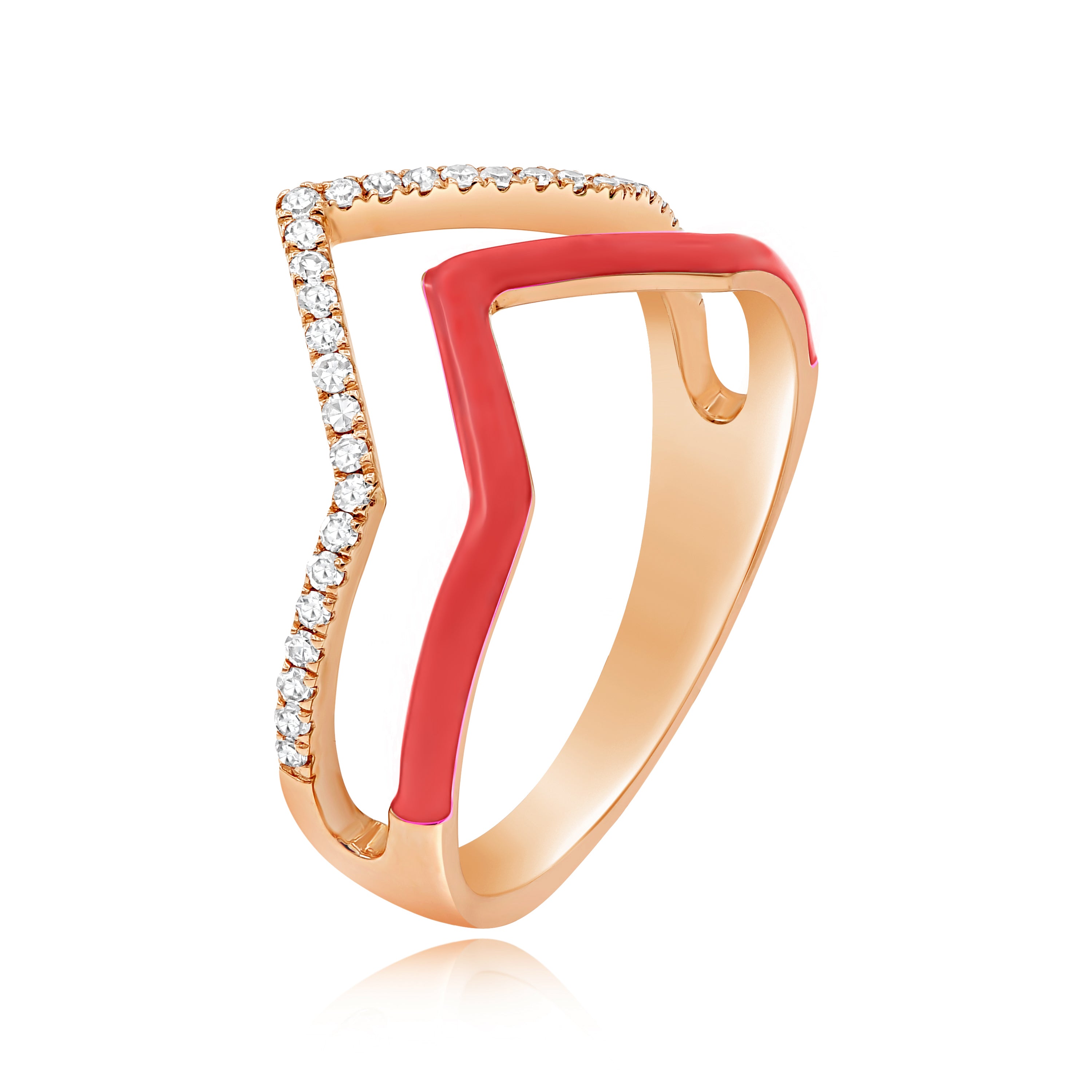 0.16 ct. Diamond 14K Rose Gold Red Enamel Double Chevron Band