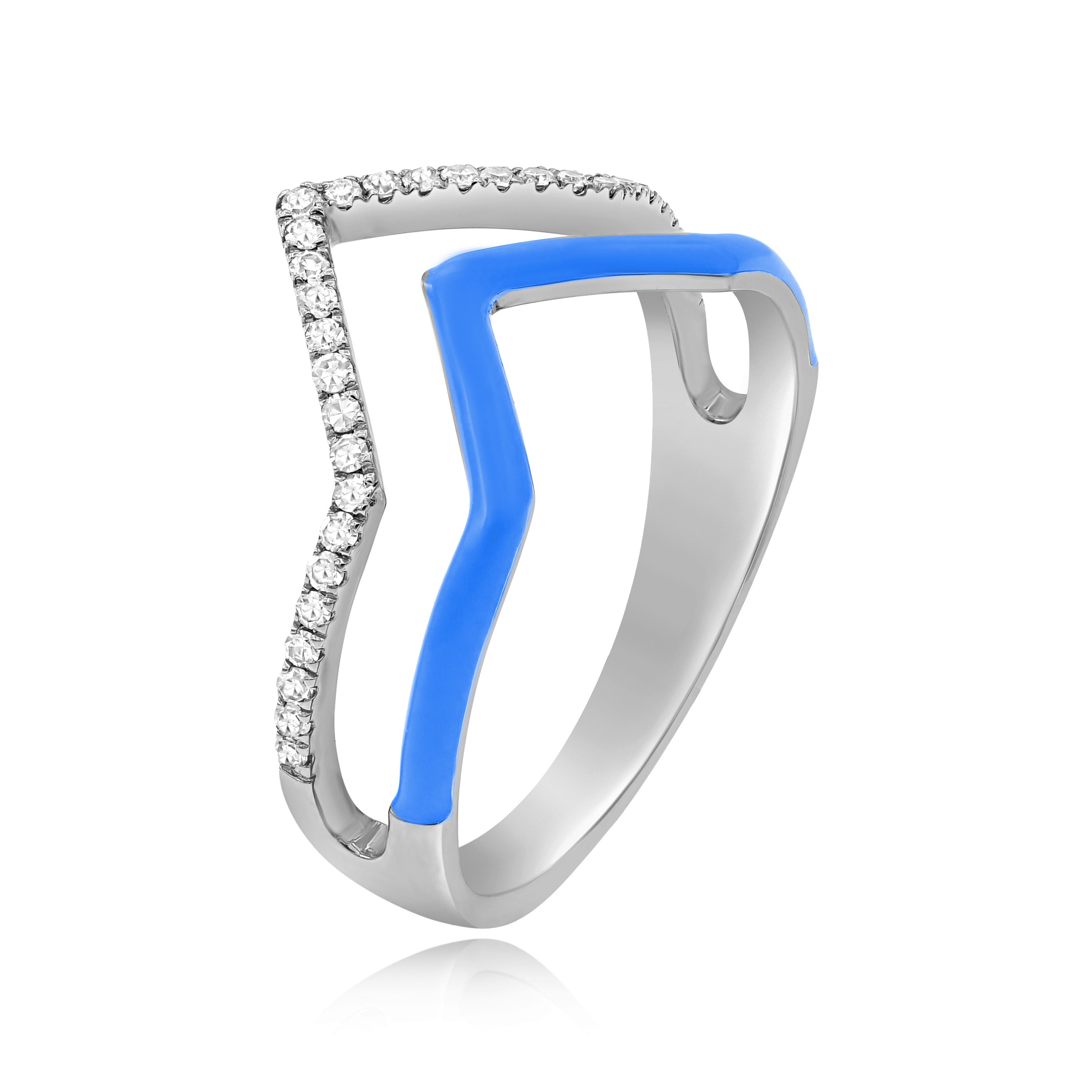 0.17 ct. Diamond 14K White Gold Blue Enamel Double Chevron Band