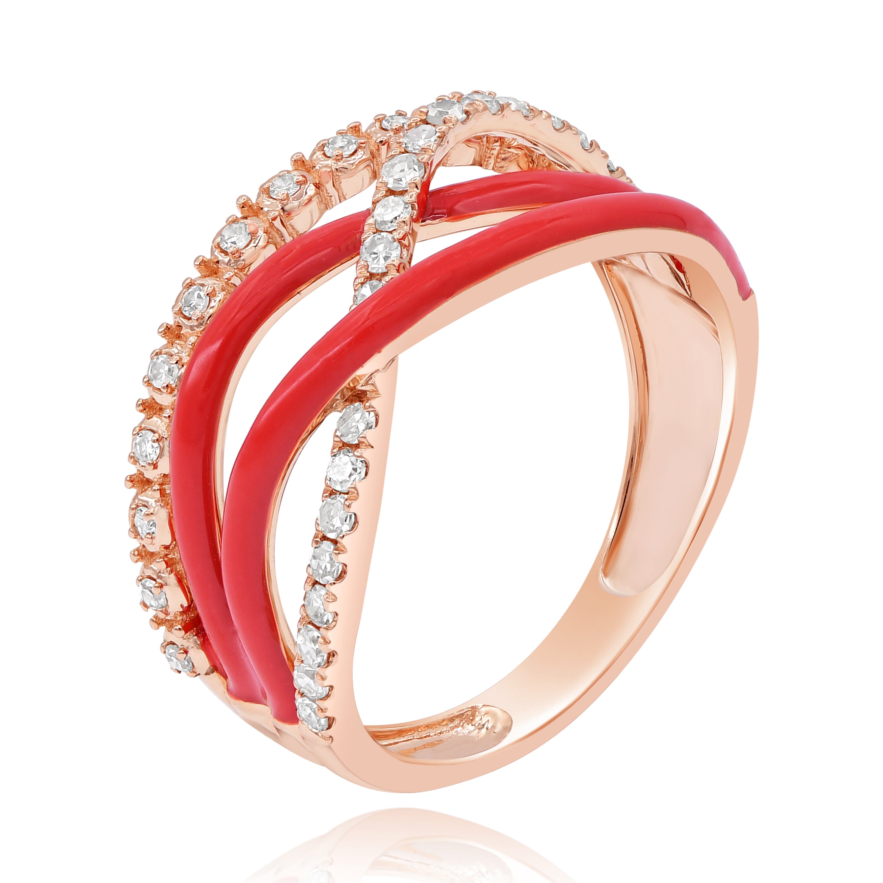 0.3 ct. Diamond 14K Rose Gold Red Enamel Crisscross Wave Ring