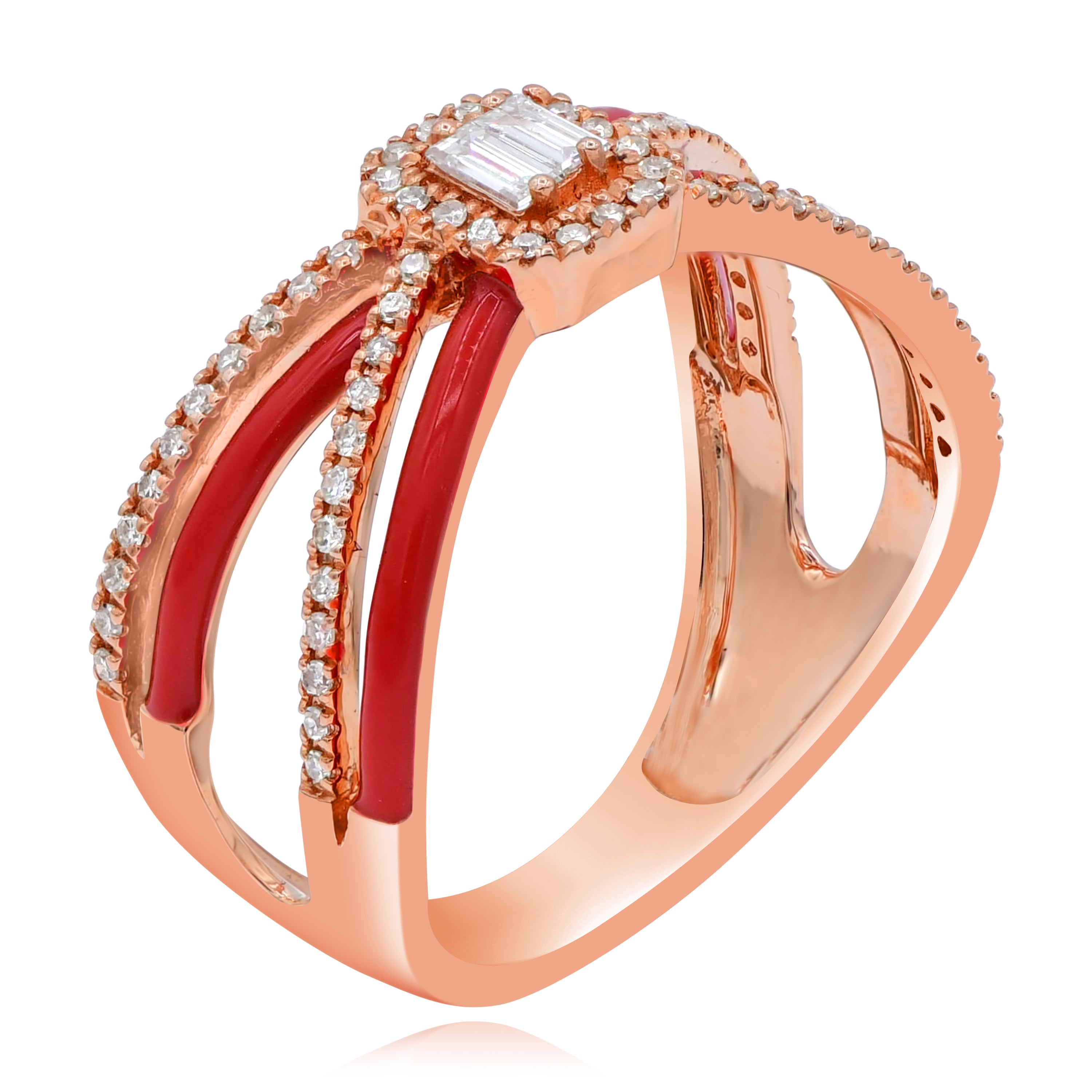 0.27 ct. Diamond 14K Rose Gold Red Enamel Crisscross Open Shank Ring