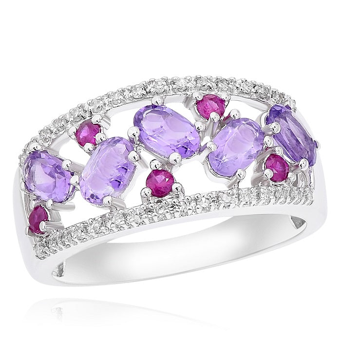 1 ct. Amethyst, 0.19 ct. Ruby & 0.15 ct. Diamond 14K White Gold Openwork Band