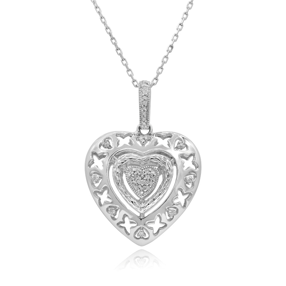 0.1 ct. Diamond 14K White Gold Filigree Heart Butterfly Pendant With 18" Chain