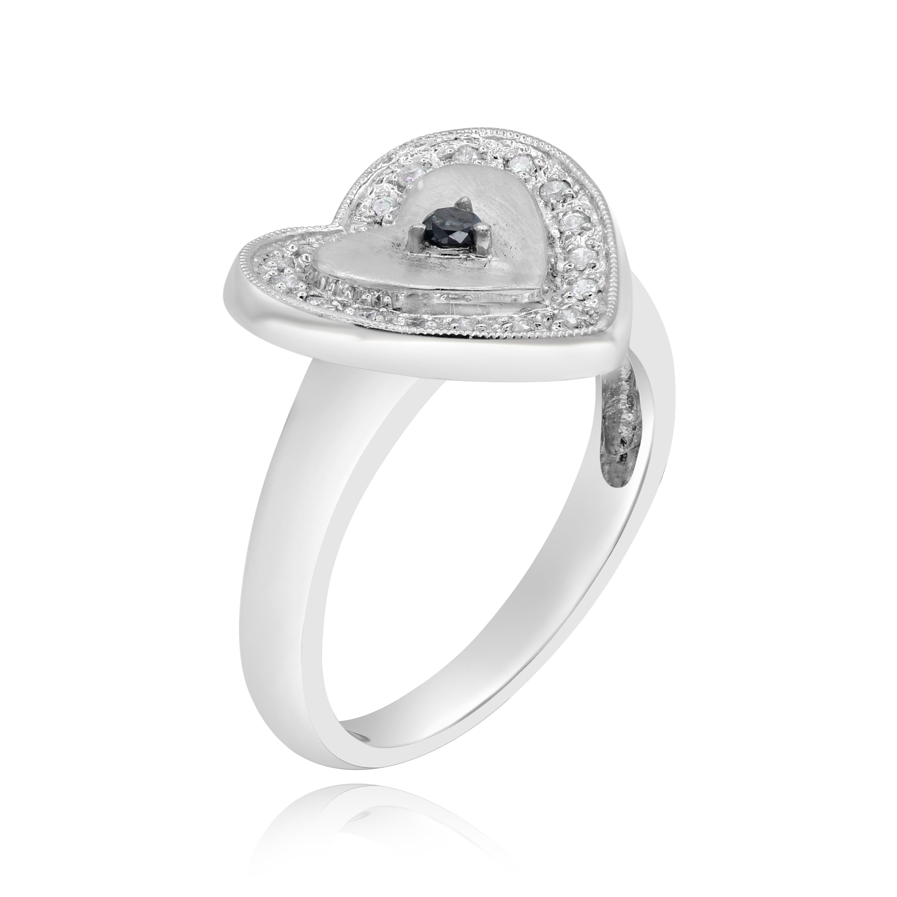 0.15 ct. Black & White Diamond 14K White Gold Milgrain Heart Ring