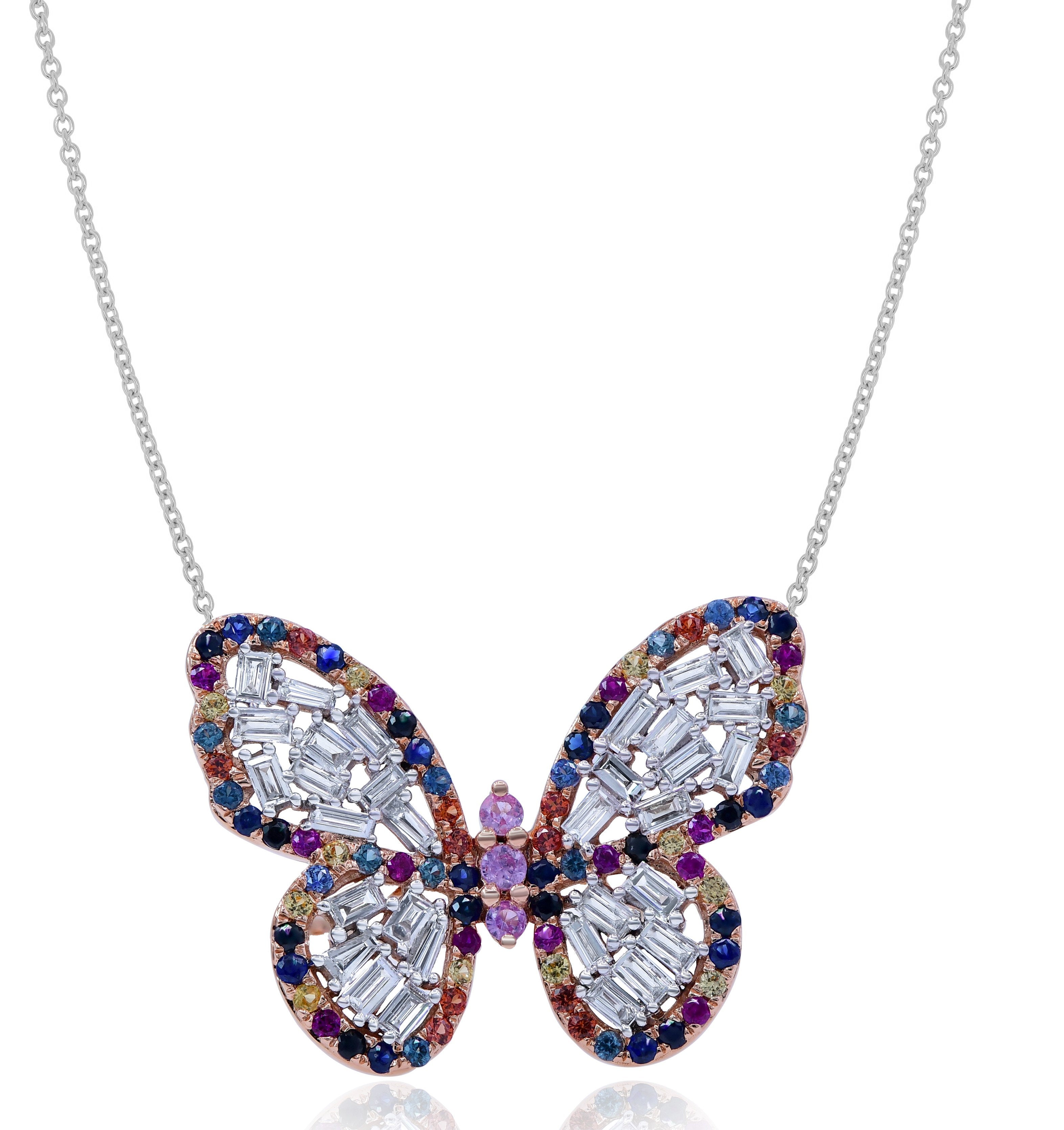 1.02 ct. Multi-Color Sapphire & 0.59 ct. Diamond 18K White Gold Butterfly Pendant Necklace 18"