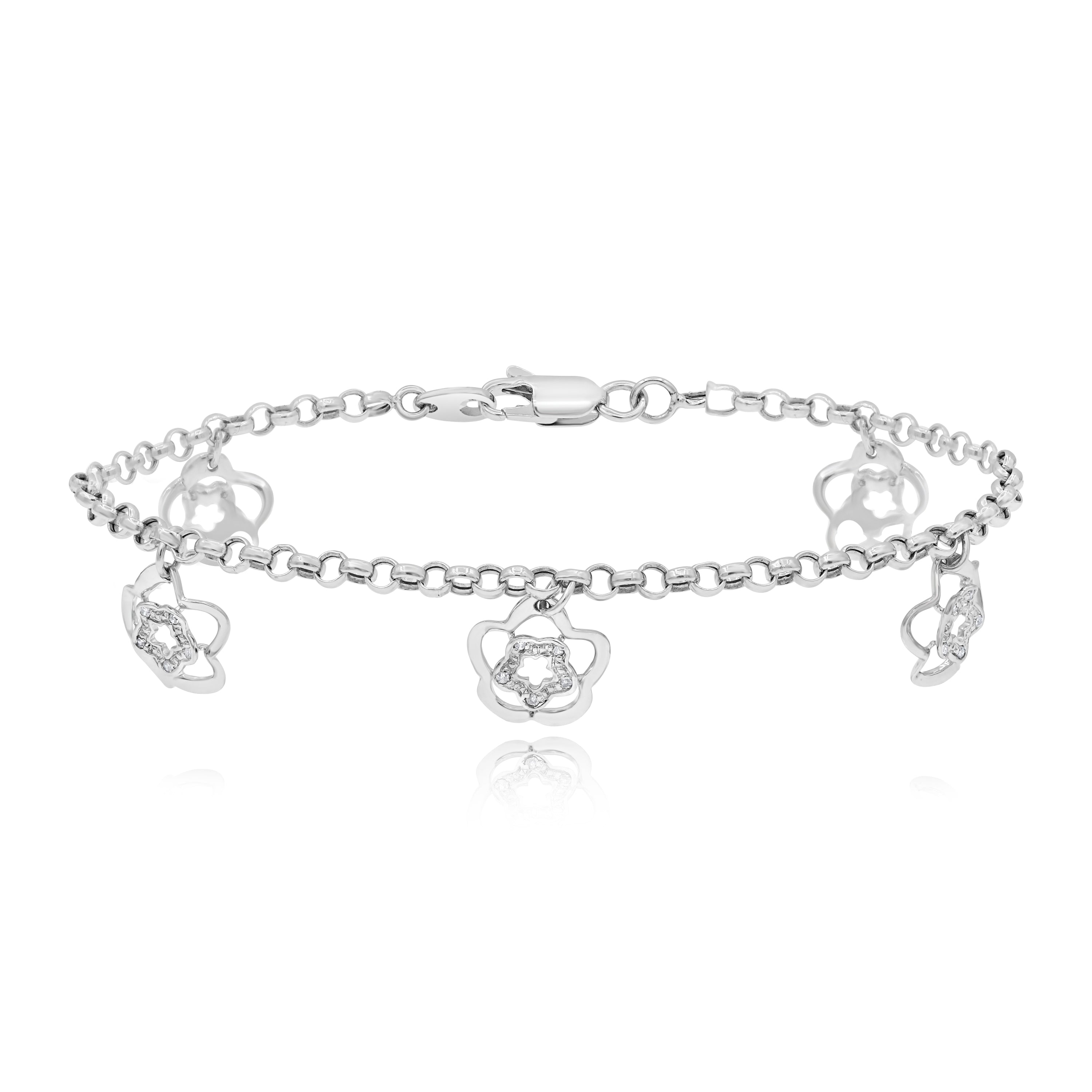 0.13 ct. Diamond 14K White Gold Flower Charms Bracelet