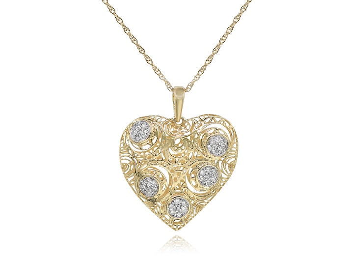 0.14 ct. Diamond 14K Yellow Gold 3D Classic Filgree Heart Love Pendant