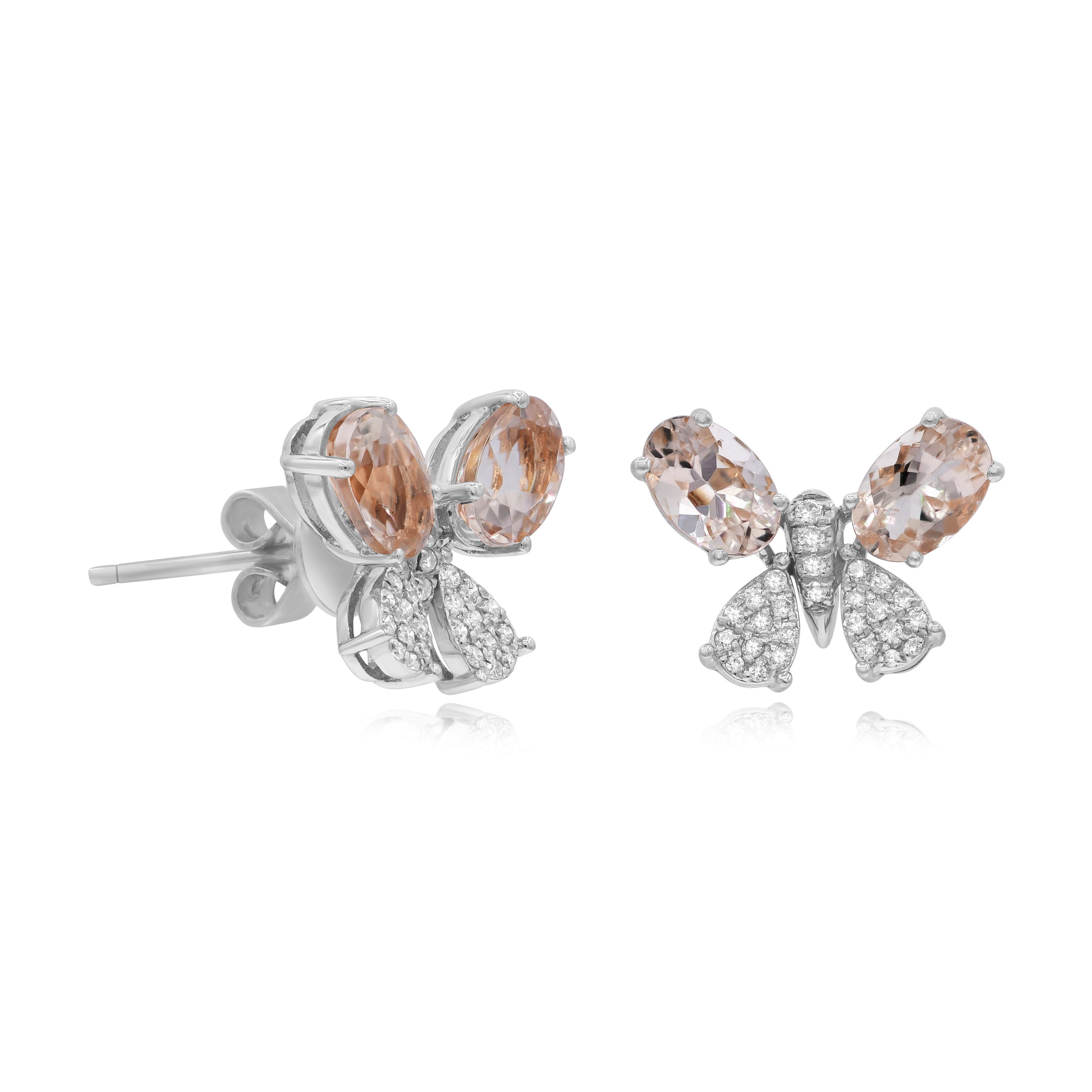 1.38 ct. Morganite & 0.15 ct. Diamond 14K White Gold Butterfly Stud Earrings