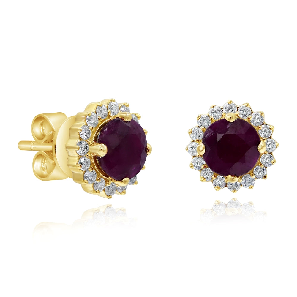 1.08 ct. Ruby & 0.21 ct. Diamond 14K Yellow Gold Halo Stud Earrings