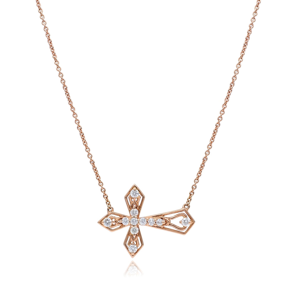 0.26 ct. Diamond 14K Rose Gold Sideway Flared Cross Pendant With 16" Chain