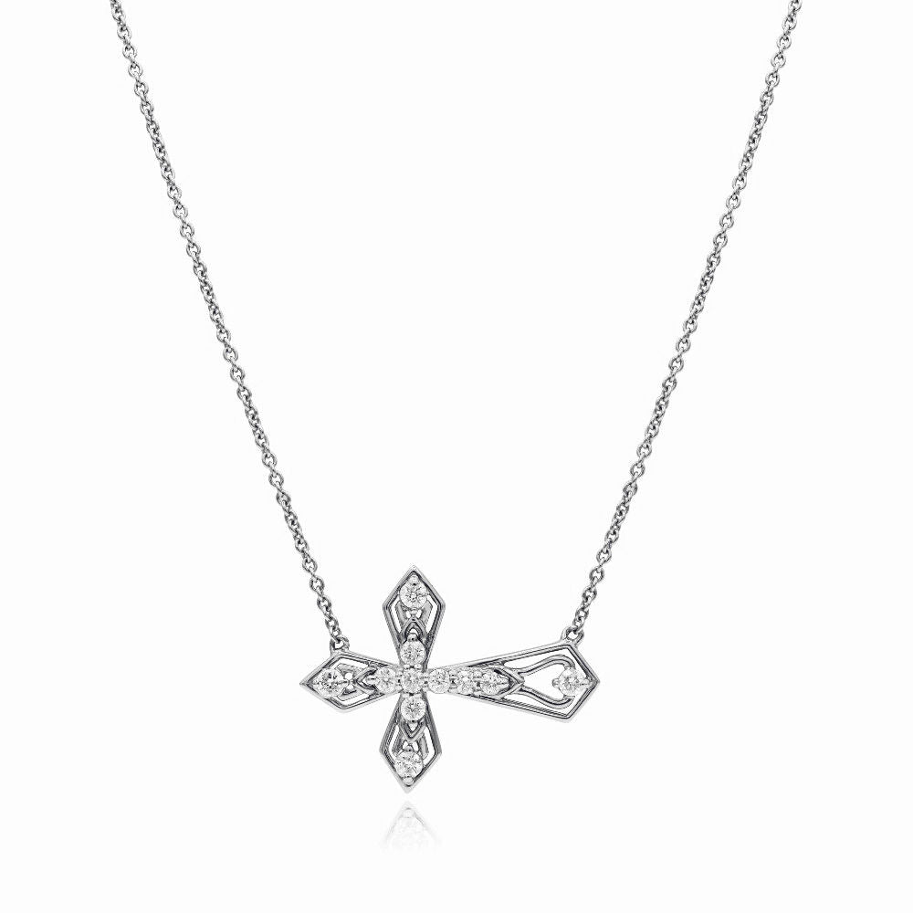 0.28 ct. Diamond 14K White Gold Sideway Flared Cross Pendant with 16" Chain