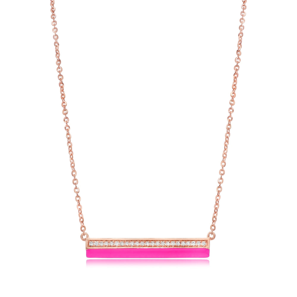 0.09 ct. Diamond 14K Rose Gold Pink Enamel Bar Necklace 18"