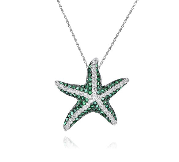 1.26 ct. Emerald & 0.67 ct. Diamond 14K White Gold Starfish Pendant