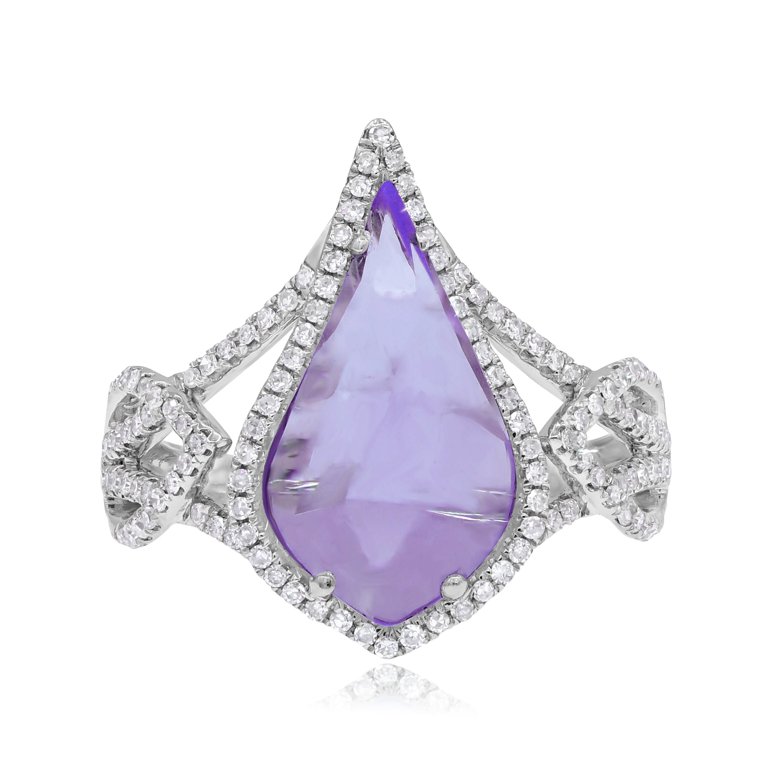 2.65 ct. Amethyst & 0.4 ct. Diamond 14K White Gold Teardrop Twisted Split Shank Ring