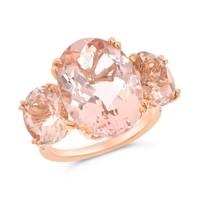 15.37 ct. Morganite & 0.28 ct. Diamond 14K Rose Gold Triple Stone Oval Ring