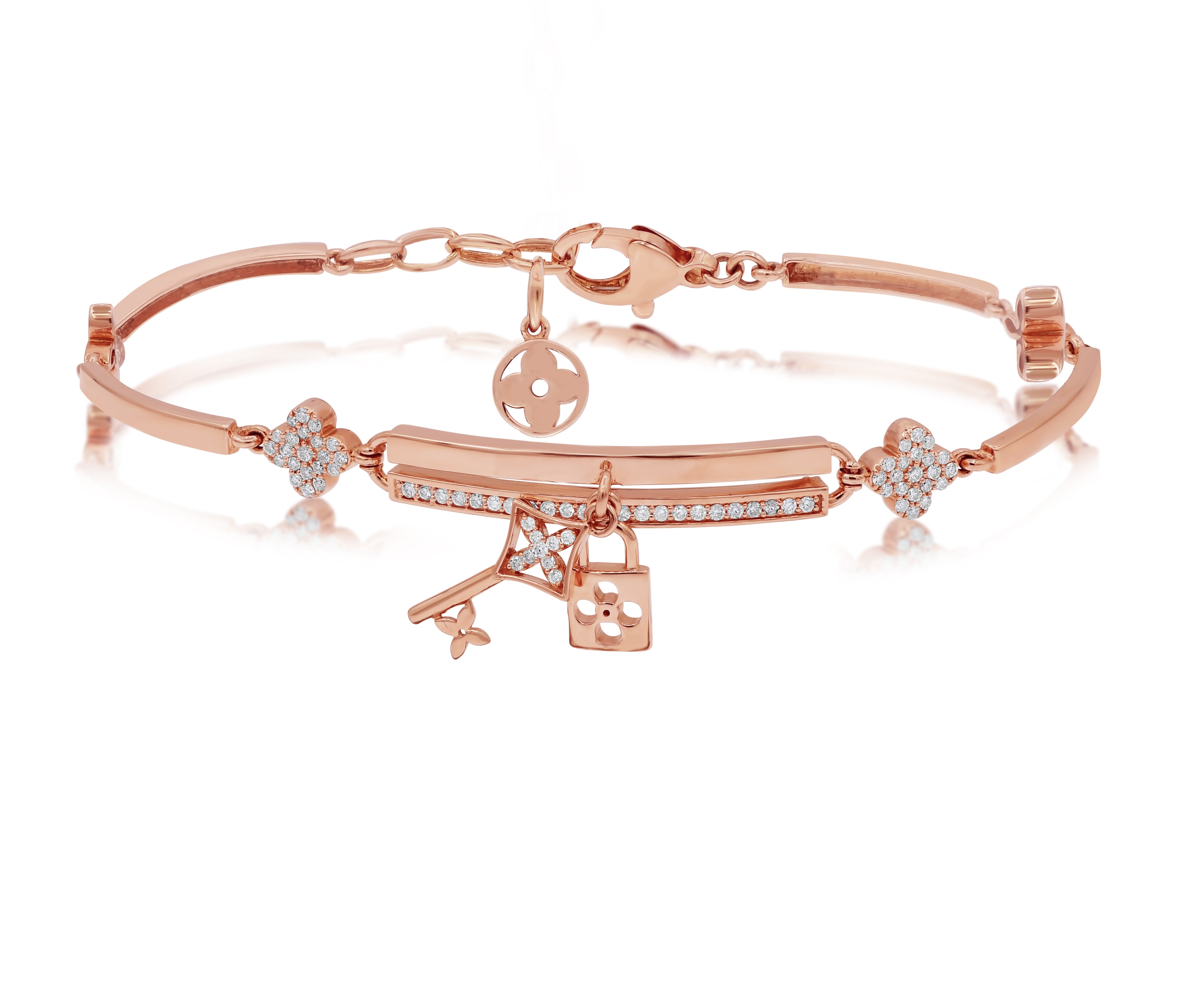 0.38 ct. Diamond 18K Rose Gold Clover Lock & Key Charm Bracelet