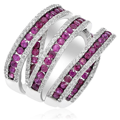 2.94 ct. Ruby and 2.46 ct. Diamond 3D Multi Row 18K White Gold Cocktail Ring