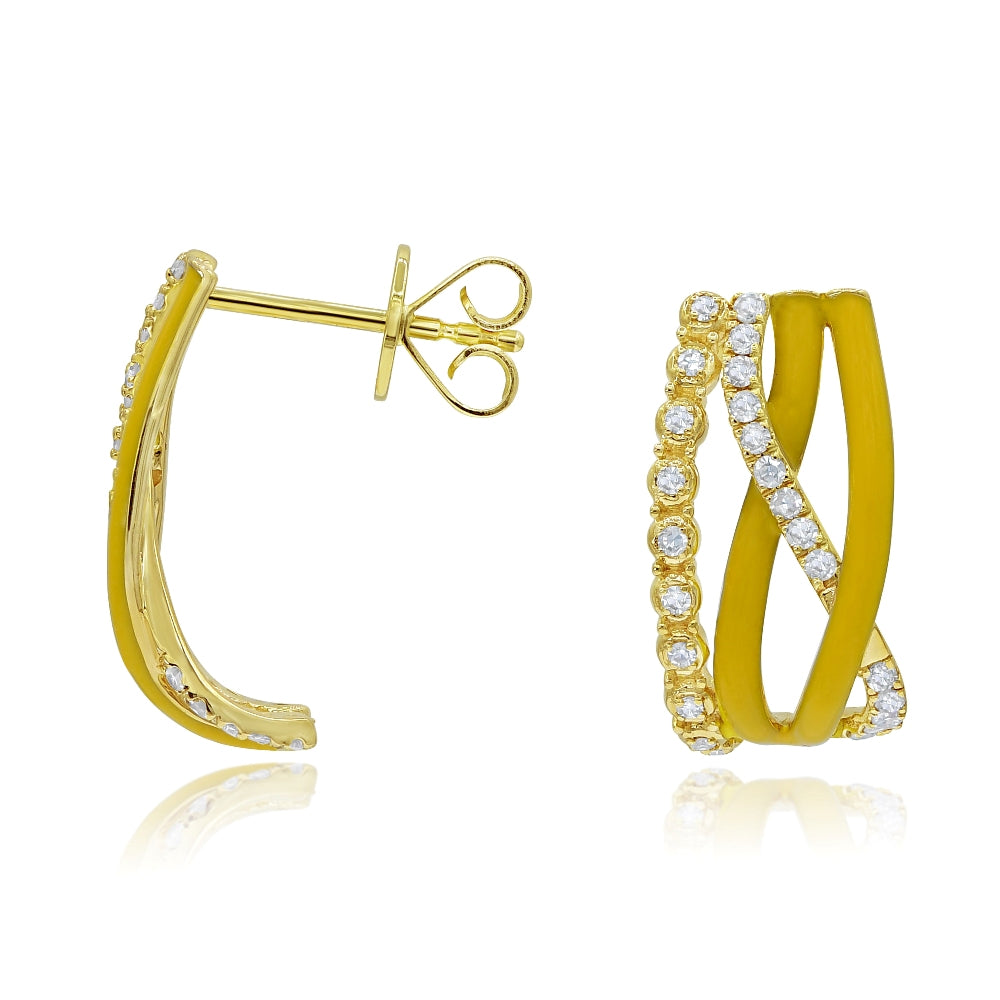 0.33 ct. Diamond 14K Yellow Gold Yellow Enamel Crisscross Wave Pushback Earrings