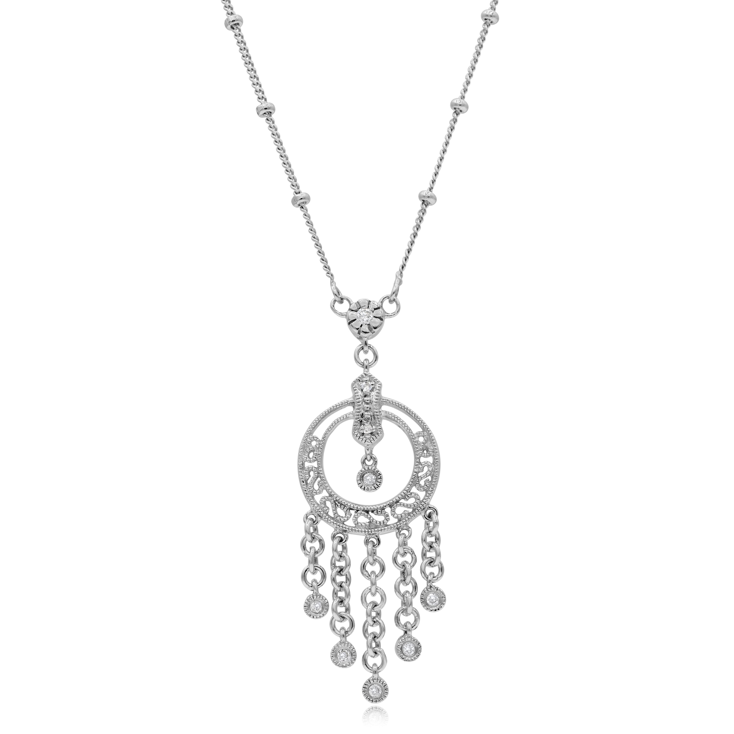 0.1 ct. Diamond 14K White Gold Filigree Dreamcatcher Chandelier Necklace