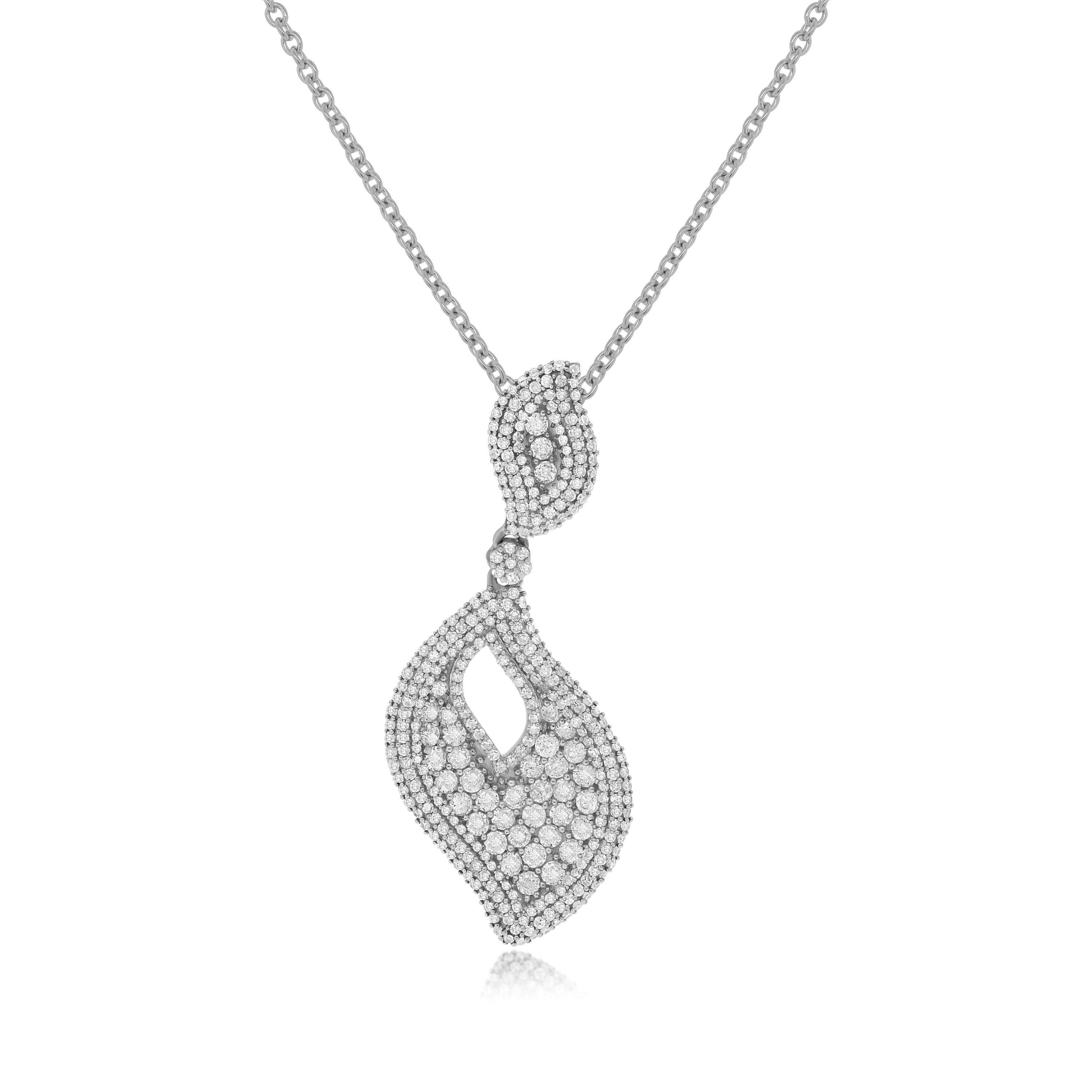 1.45 ct. Diamond 14K White Gold Halo Open Wavy Leaf Drop Pendant