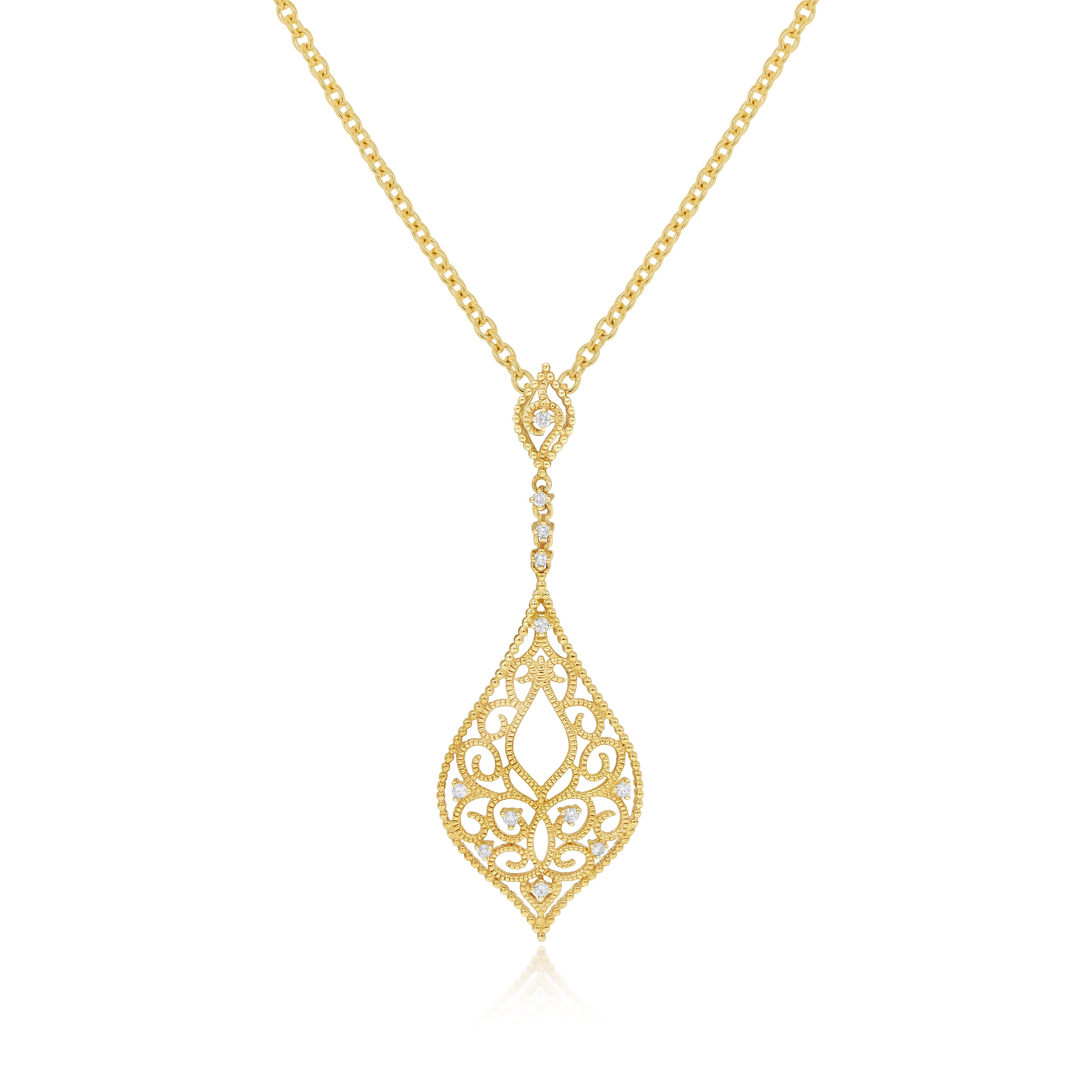 0.23 ct. Diamond 14K Yellow Gold Filgree Teardrop Pendant