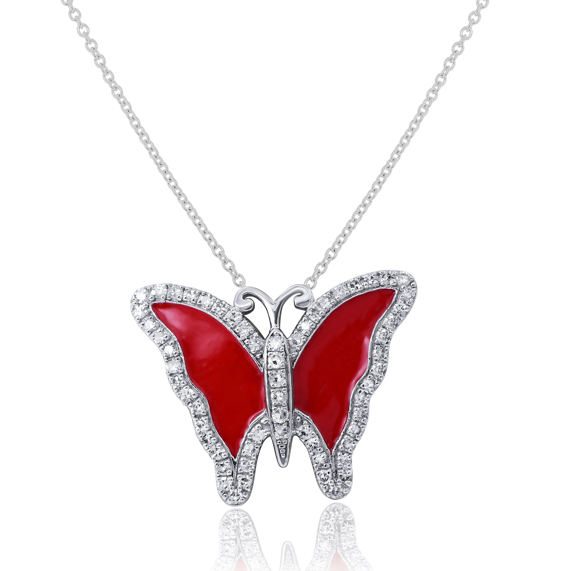 0.25 ct. Diamond 14K White Gold Red Enamel Butterfly Pendant