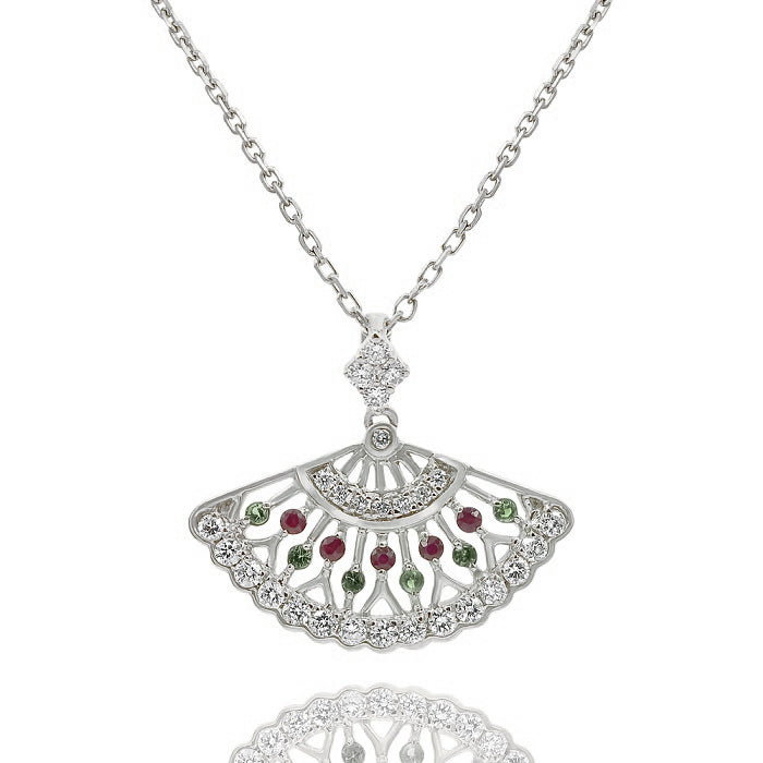 0.06 ct. Garnet, 0.07 ct. Ruby & 0.26 ct. Diamond 14K White Gold Fan-Shaped Necklace