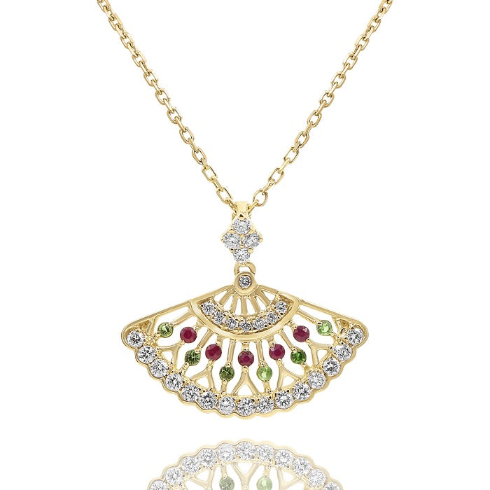 0.05 ct. Garnet, 0.07 ct. Ruby & 0.2 ct. Diamond 14K Yellow Gold Fan-Shaped Necklace