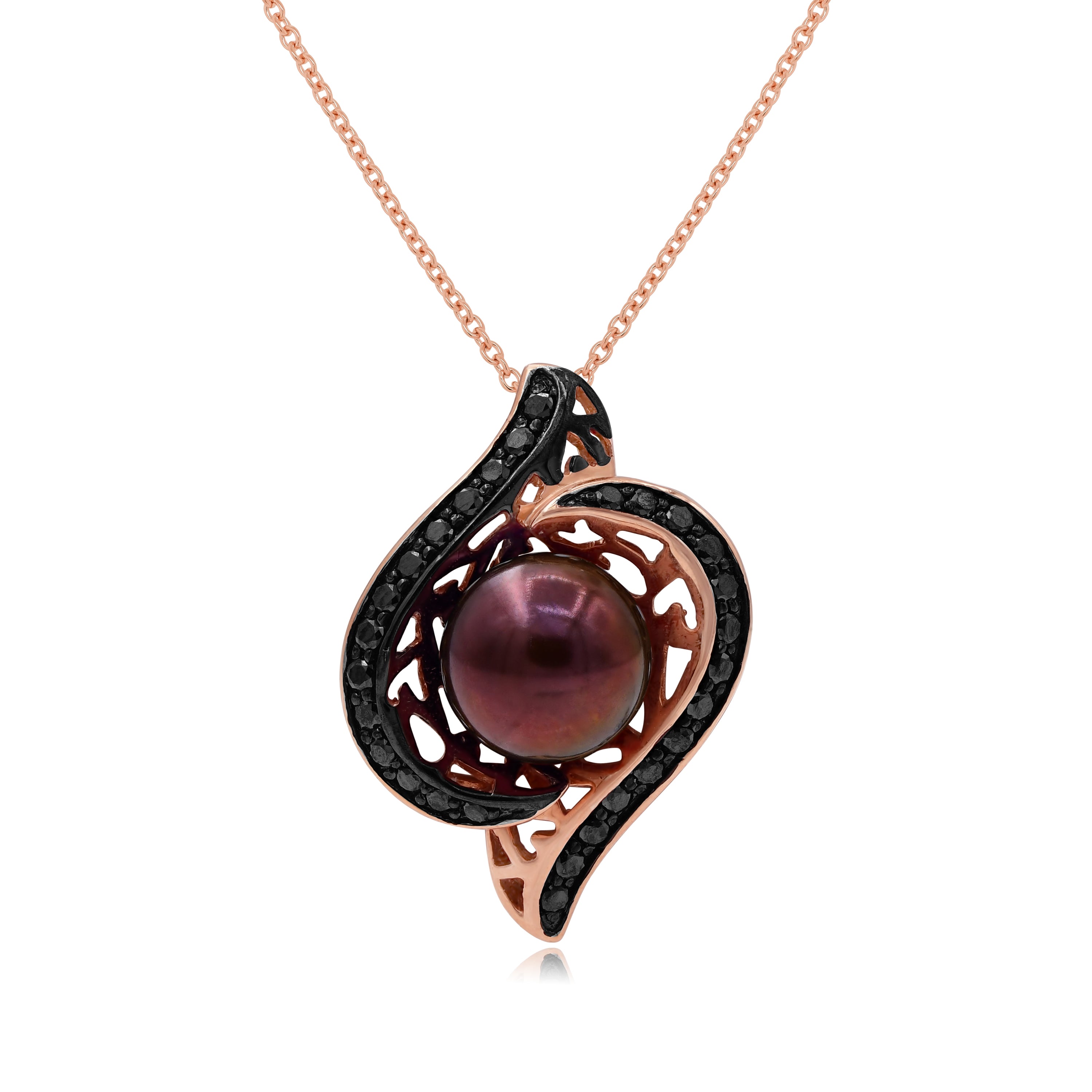 0.4 ct. Black Diamond & Pearl 14K Rose Gold Wave Mesh Pendant