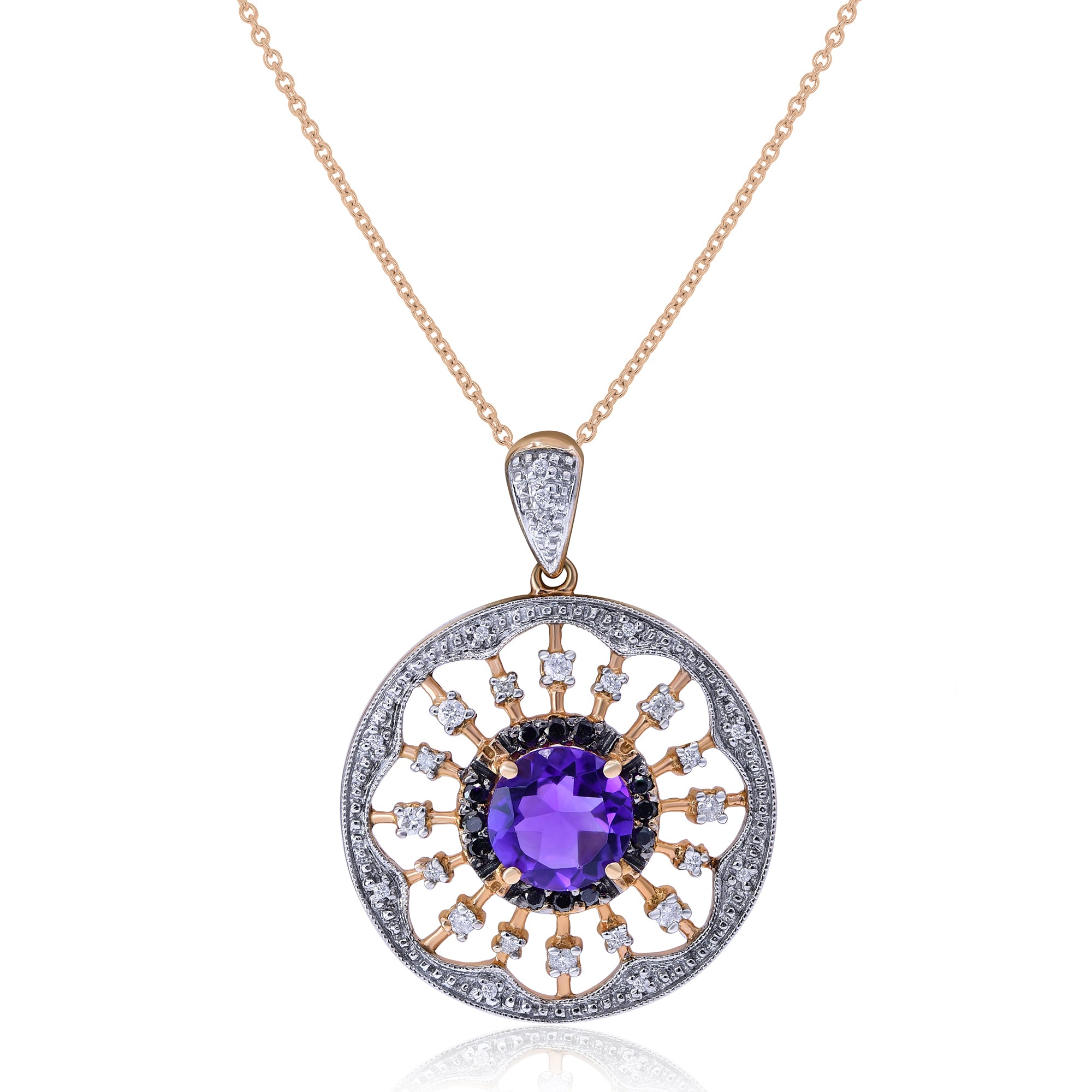 1.7 ct. Amethyst & 0.39 ct. Black & White Diamond 14K Rose Gold Medallion Pendant With Chain 18"