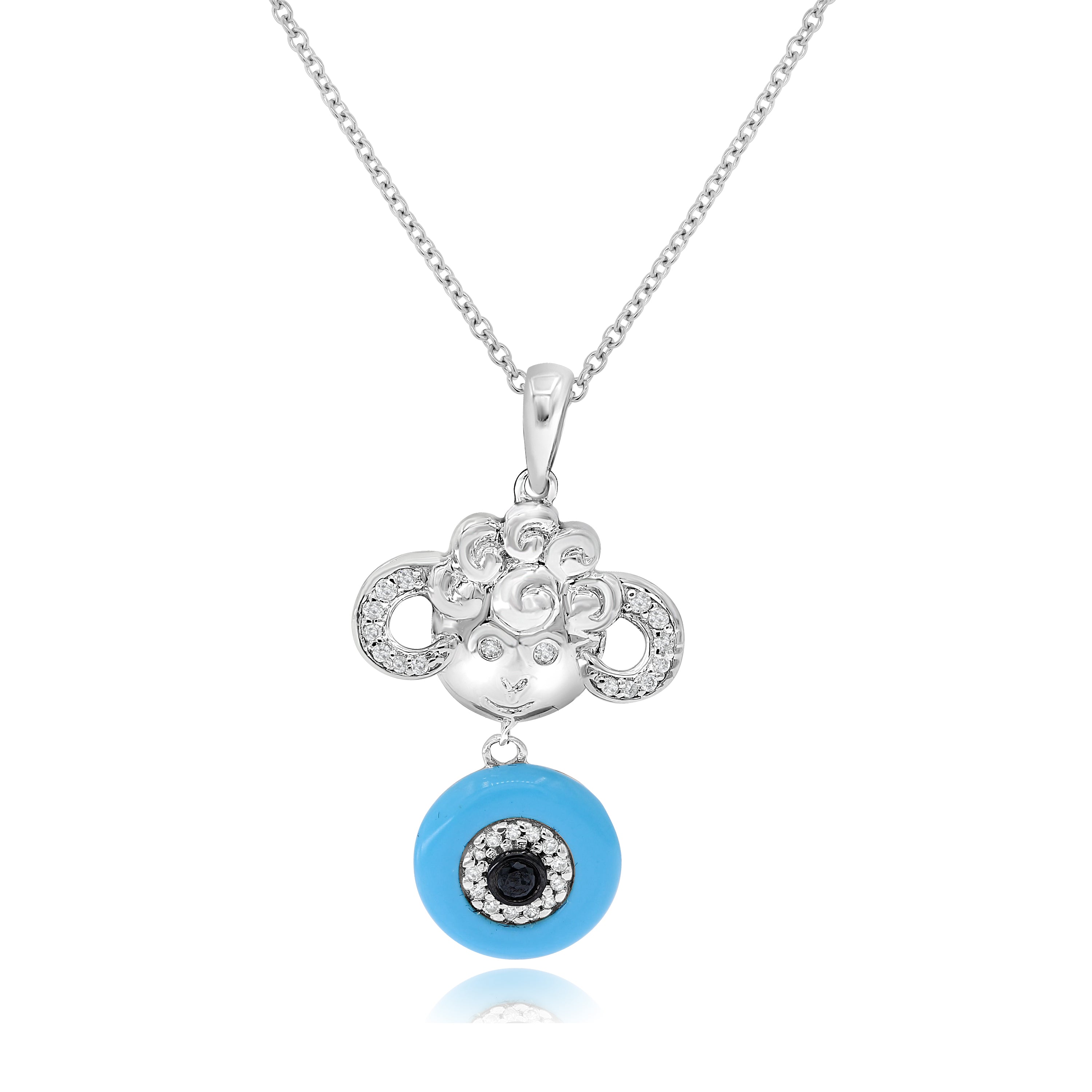 1 ct. Turquoise & 0.15 ct. Black & White Diamond 14K White Gold Goat Evil Eye Charm Pendant