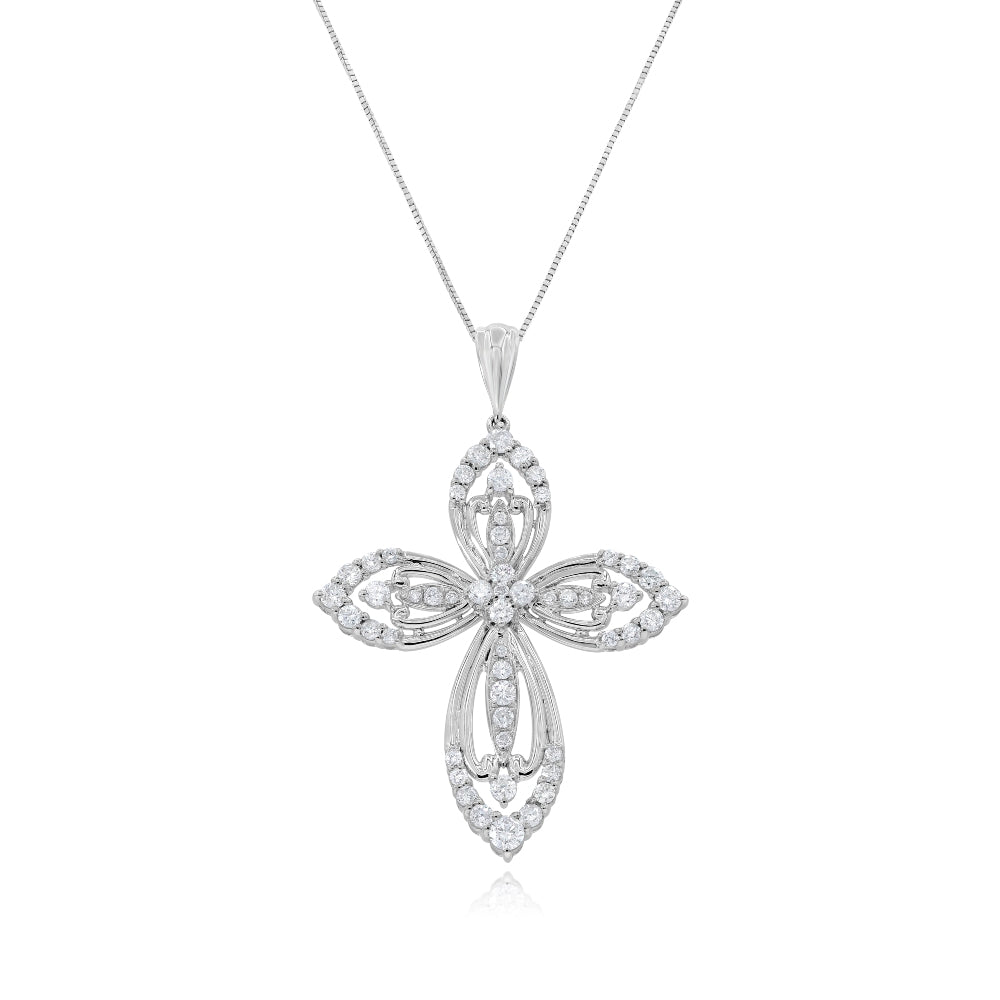 1.2 ct. Diamond 18K White Gold Flower Patel Cross Pendant With 18" Chain