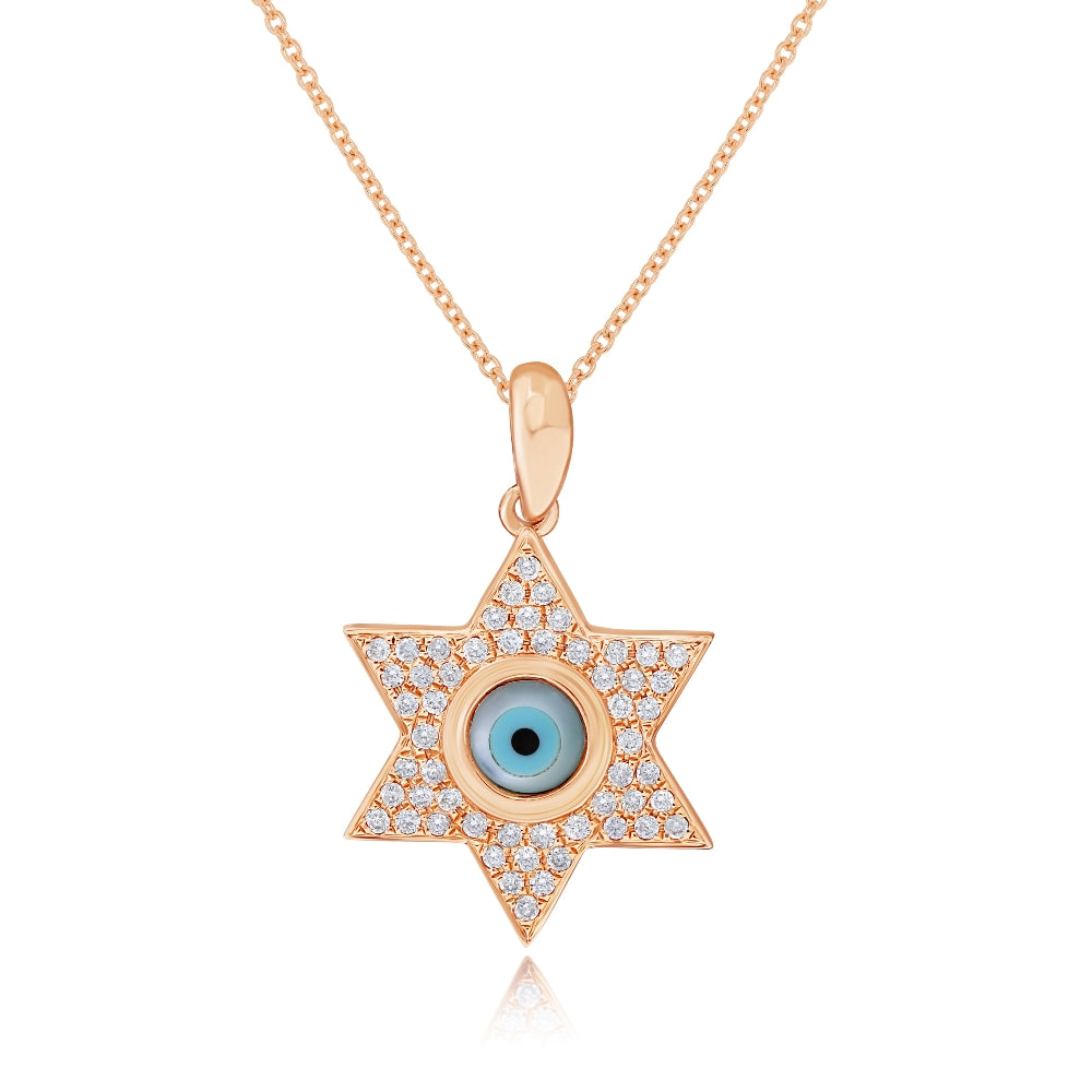 0.2 ct. Mother of Peral & 0.15 ct. Diamond 14K Rose Gold Pave Hamsa Evil Eye Star of David Pendant