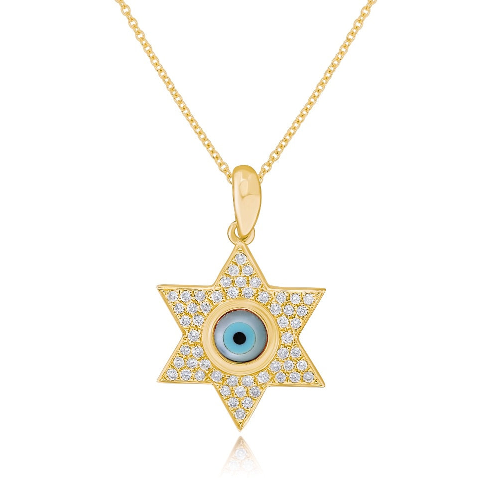 0.2 ct. Mother of Pearl & 0.16 ct. Diamond 14K Yellow Gold Hamsa Evil Eye Star Pendant