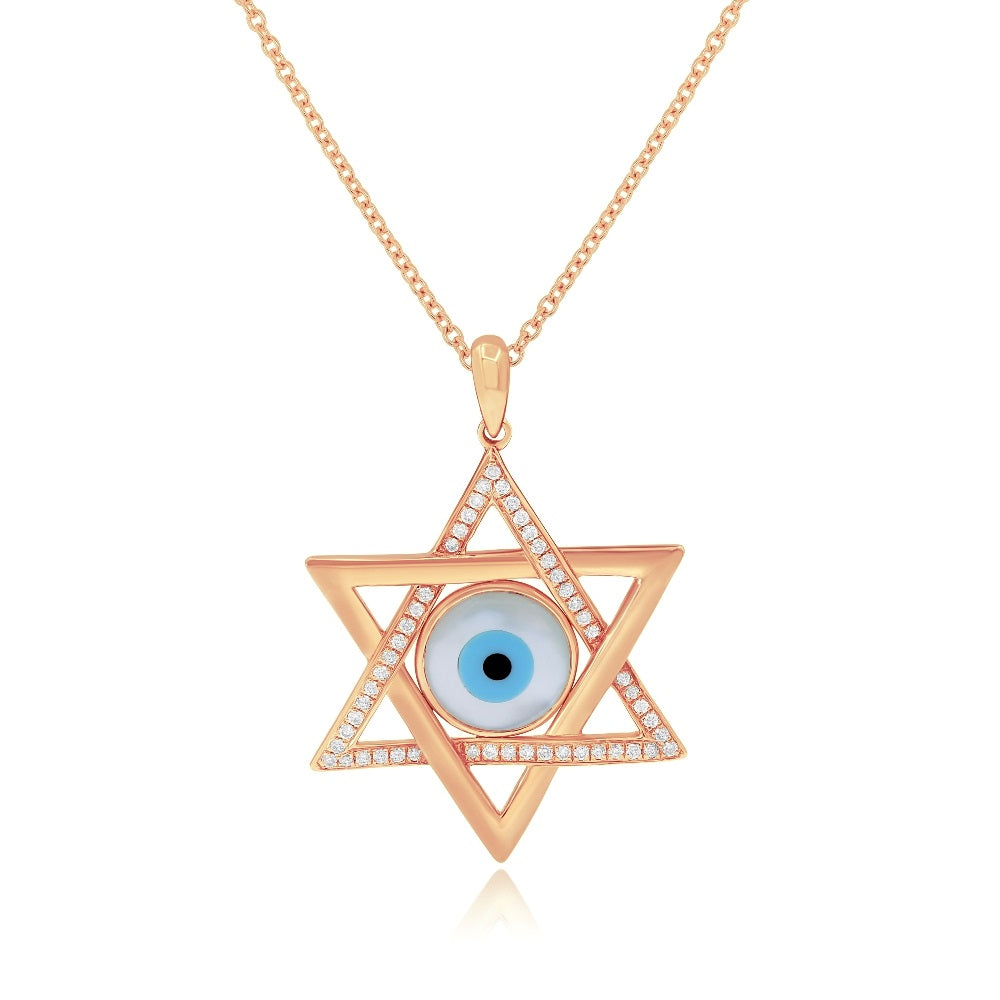 0.2 ct. Mother of Peral & 0.16 ct. Diamond 14K Rose Gold Star of David Evil Eye Pendant